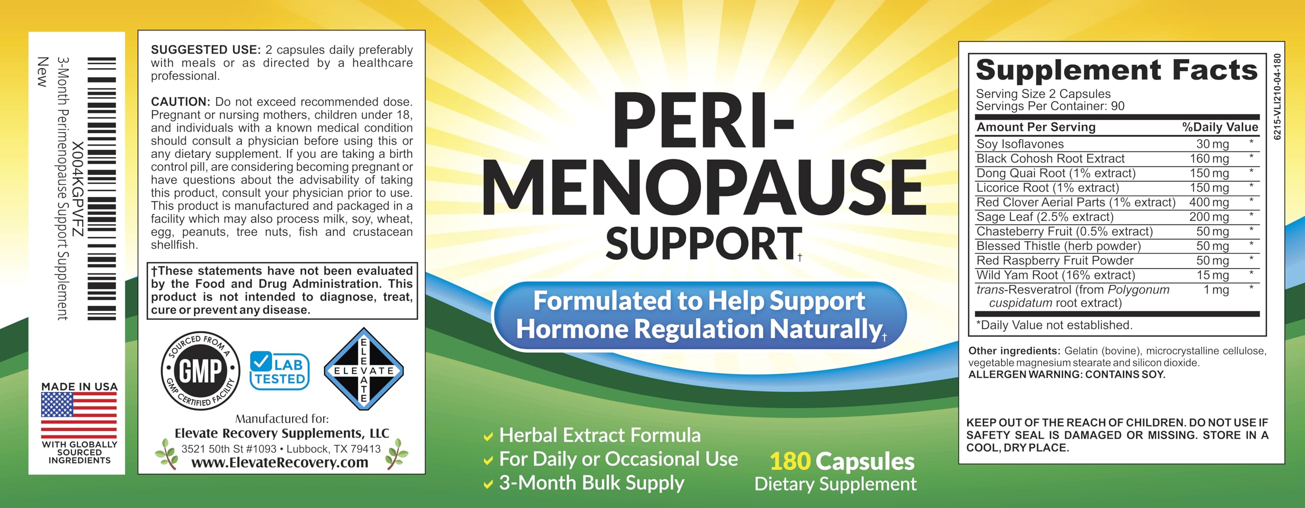 Perimenopause Support (3-Month) Supplement Blend | Women's Health & Hormone Support with 11 Herbs & Extracts | Female Hormonal Balance Supplements | 90-Day Bulk Supply | 180 Capsules Elevate Recovery Supplements uk supplements