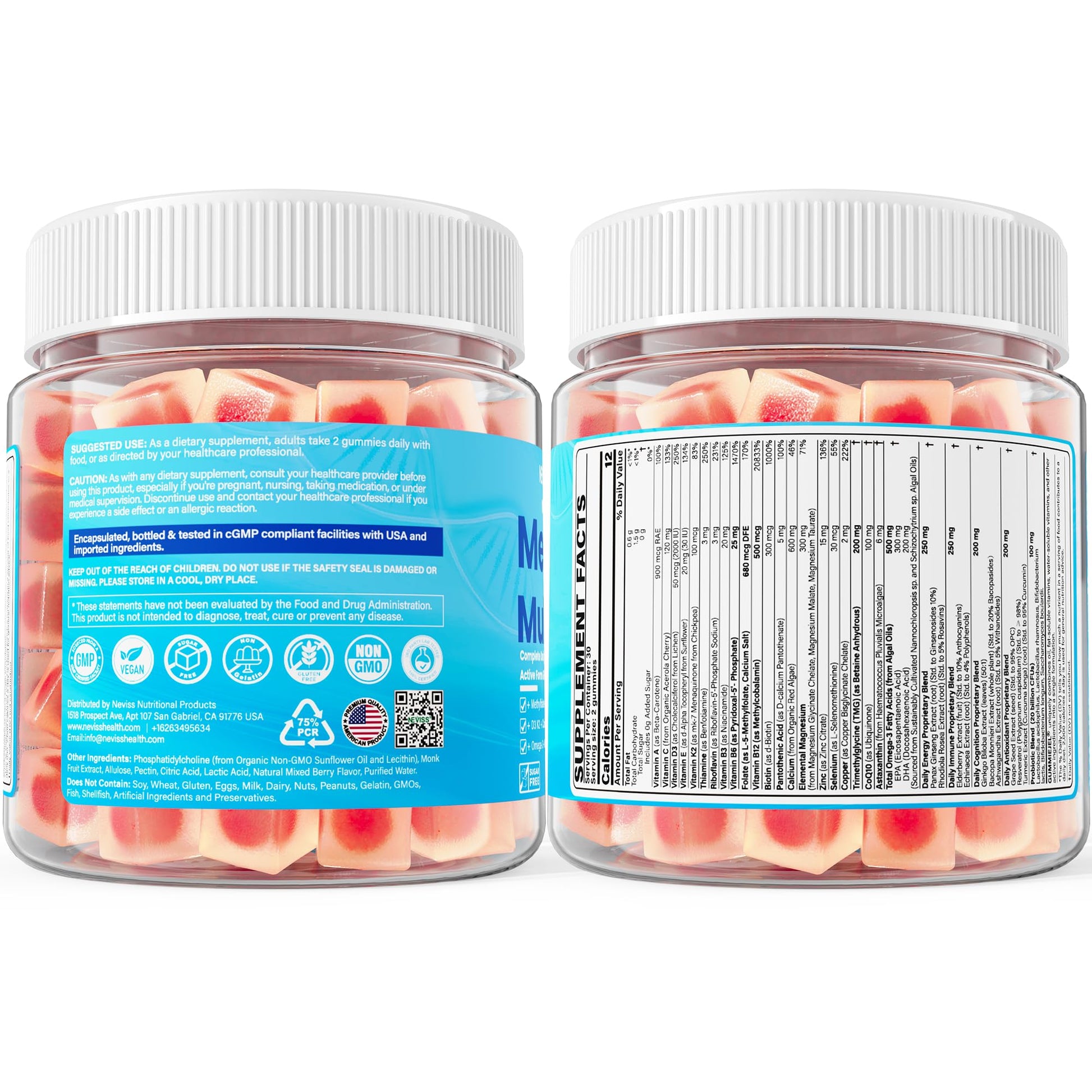 Methylated Multivitamin for Women & Men Gummies w/ Omega-3, Calcium, D3 K2, Methylfolate & B12, TMG, Daily Vitamins, Mag, CoQ10, Probiotic for 18 30 40 50 60 70+, Overall Health - Vegan, Sugar Free NEVISS uk supplements
