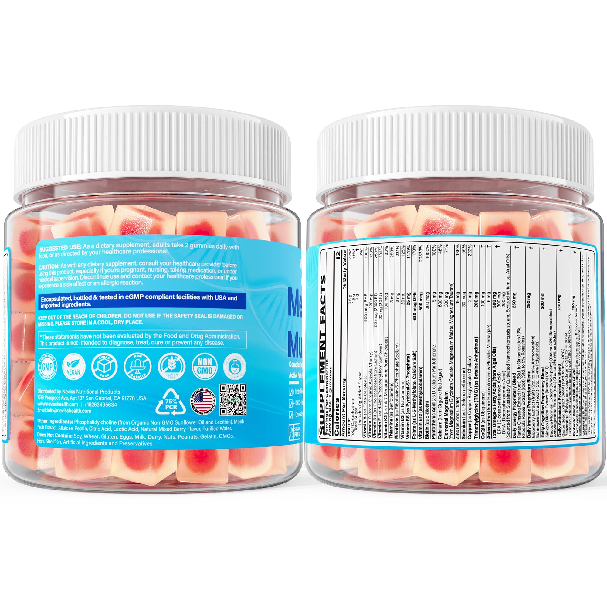 Methylated Multivitamin for Women & Men Gummies w/ Omega-3, Calcium, D3 K2, Methylfolate & B12, TMG, Daily Vitamins, Mag, CoQ10, Probiotic for 18 30 40 50 60 70+, Overall Health - Vegan, Sugar Free NEVISS uk supplements