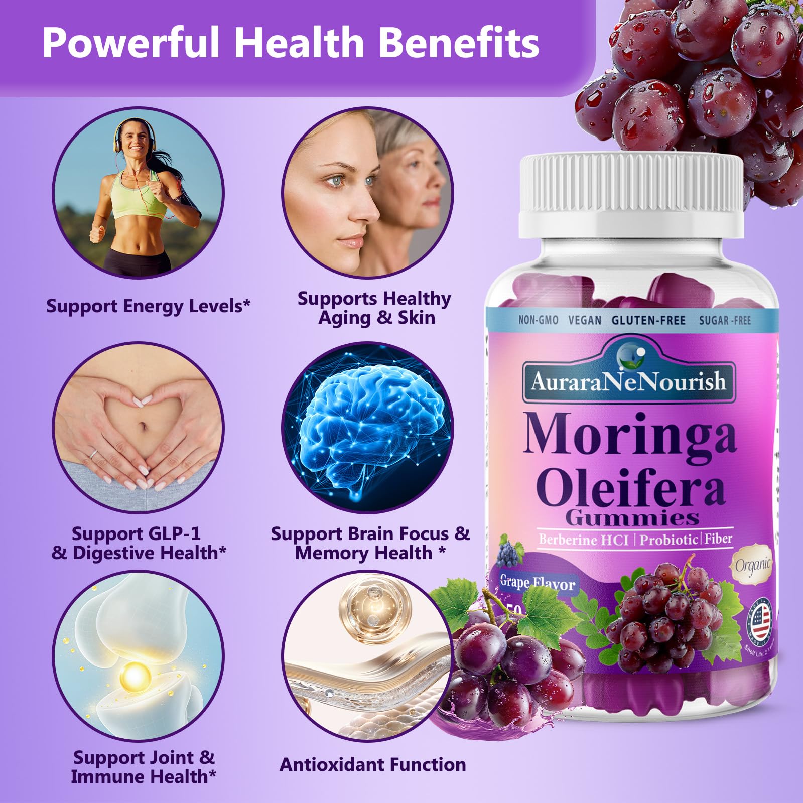 AuraraNeNourish Organic Moringa Oleifera Gummies for Women & Men, 8-in-1 Superfood Blend w. Berberine HCl & Moringa Leaf Extract for GLP-1 Support & Energy Immune Joint & Gut Health Sugar-Free AuraraNeNourish uk supplements