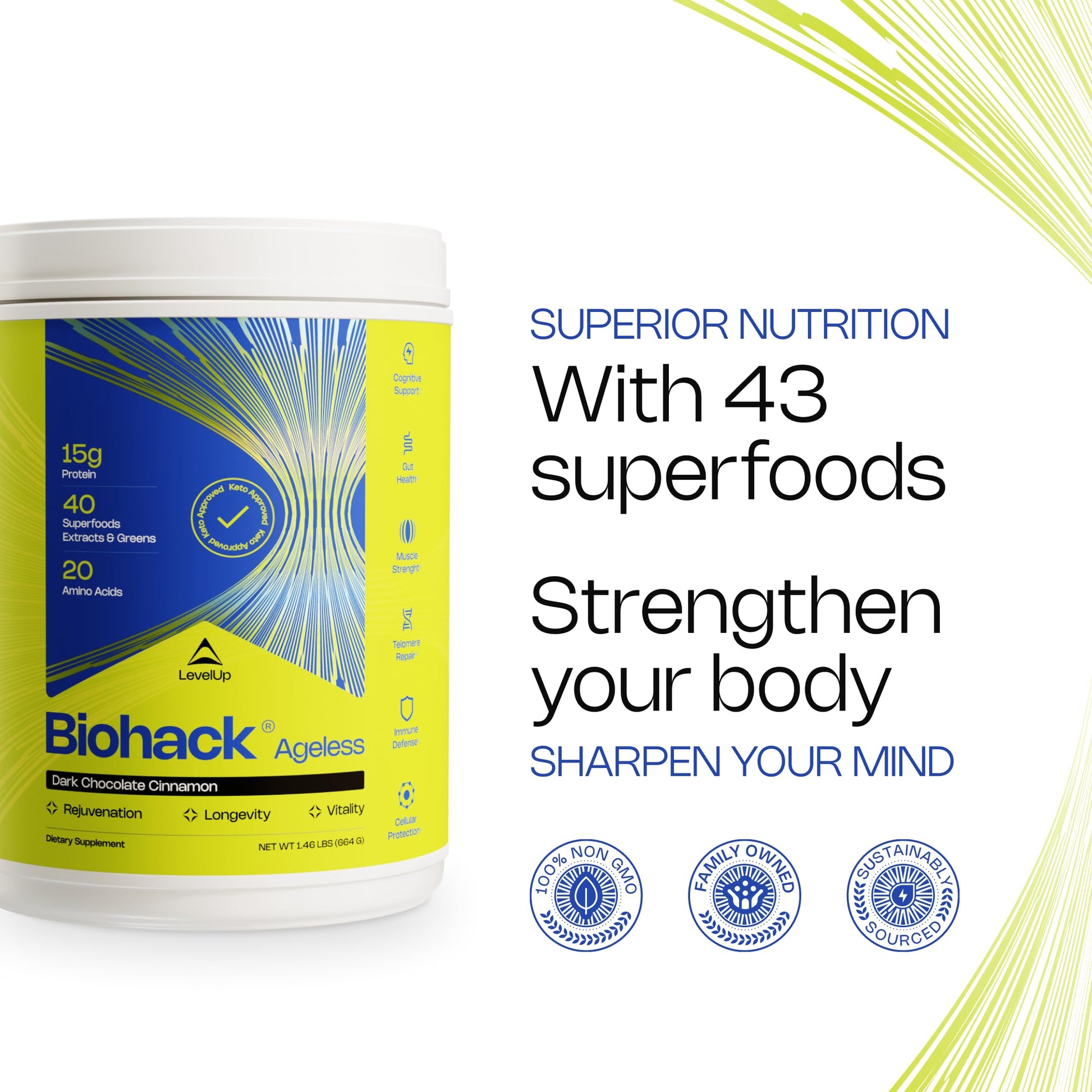 LevelUp Biohack Ageless: Colostrum Collagen Superfoods Antioxidants Spermidine Amino Acids Creatine for Women and Men, Total Body Rejuvenation (Dark Chocolate Cinnamon) LevelUp uk supplements