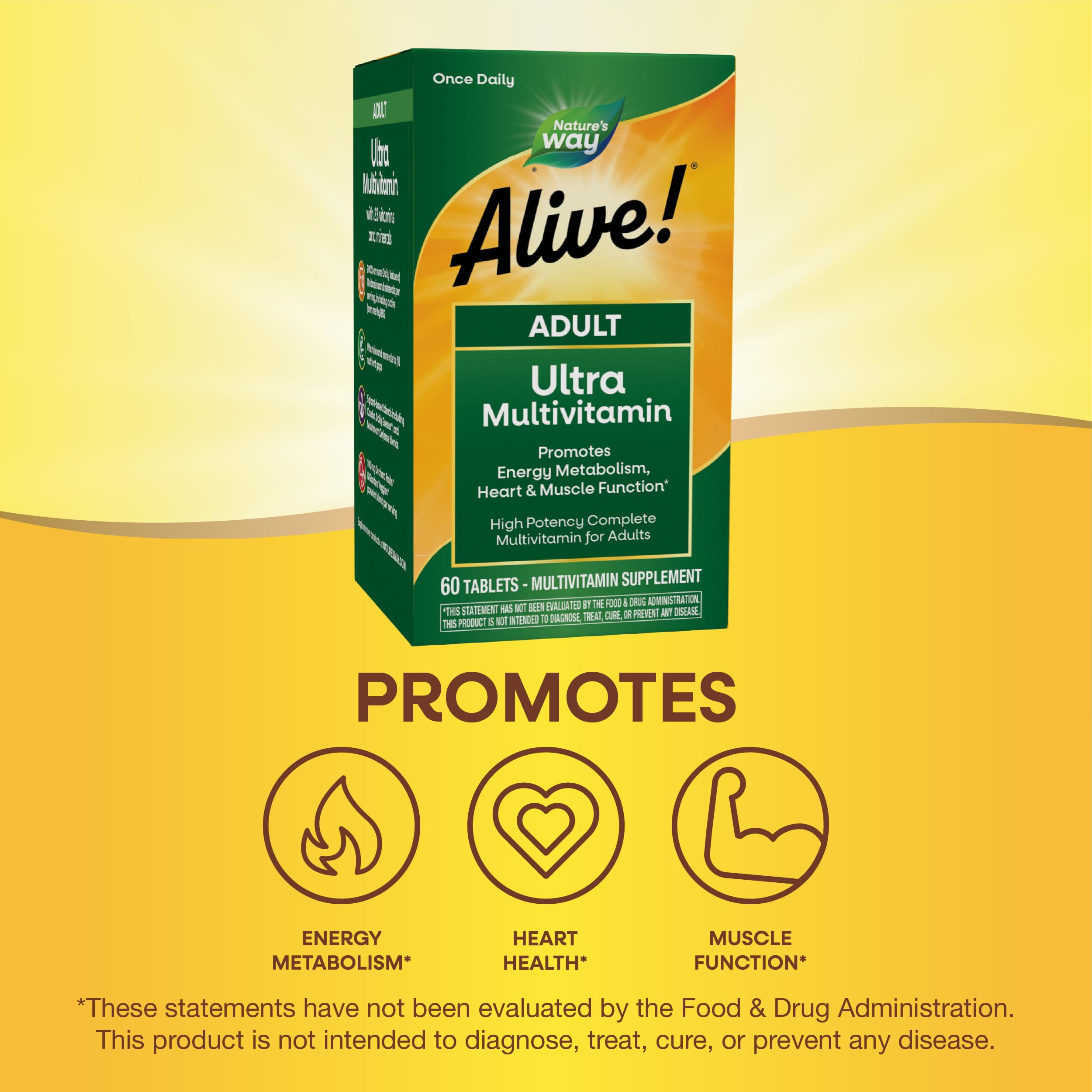 Nature's Way Alive! Adult Ultra Multivitamins, Promotes Energy Metabolism, Heart & Muscle Function*, with B-Vitamins Including Methylated B12, Gluten Free, 60 Tablets Nature's Way uk supplements