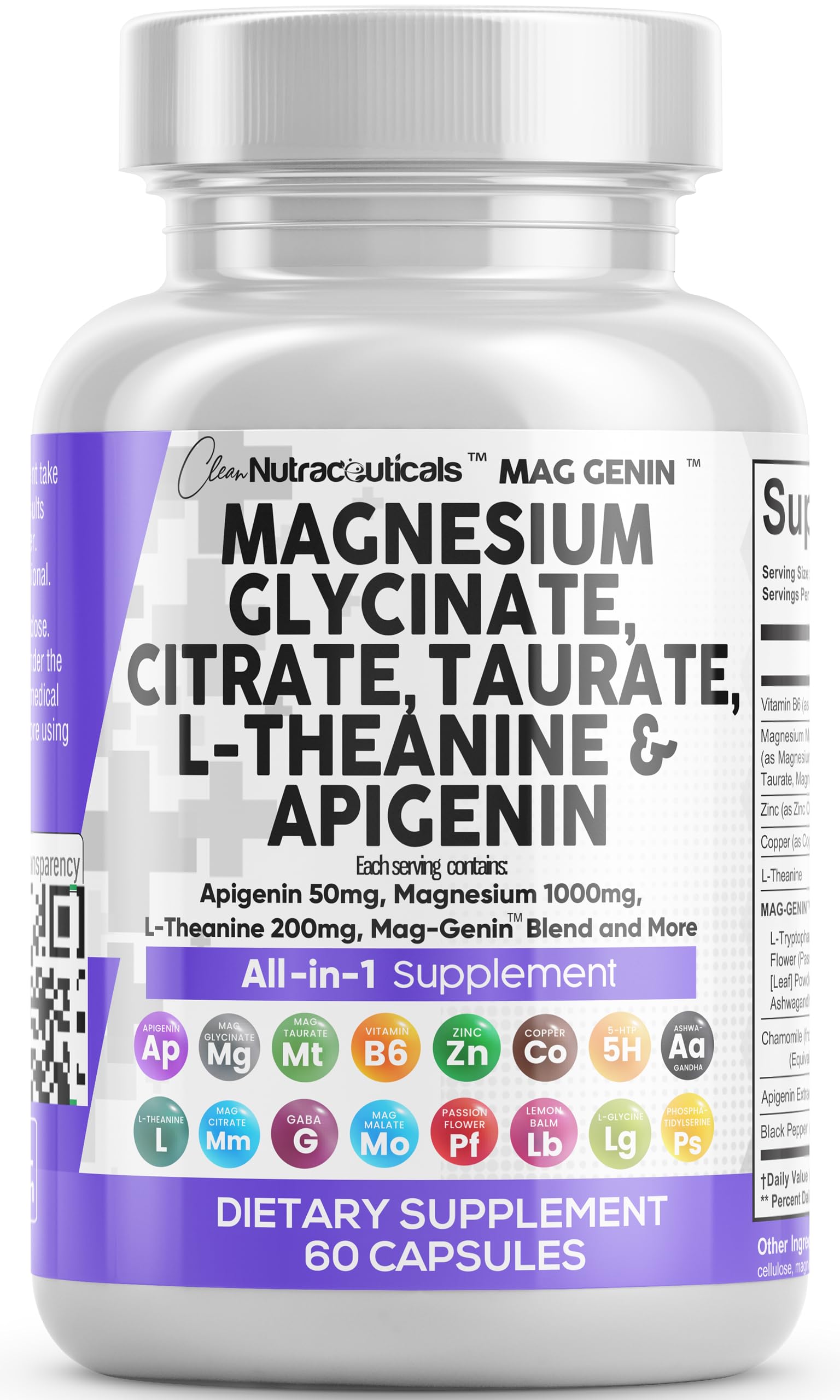 Clean Nutraceuticals Magnesium Glycinate Complex 1000mg with L-Theanine 200mg Apigenin 50mg Citrate Taurate Supplement - 5-HTP GABA Passion Flower Lemon Balm L-Glycine Phosphatidylserine - 60 Count Clean Nutraceuticals uk supplements