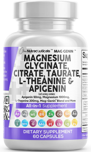 Clean Nutraceuticals Magnesium Glycinate Complex 1000mg with L-Theanine 200mg Apigenin 50mg Citrate Taurate Supplement - 5-HTP GABA Passion Flower Lemon Balm L-Glycine Phosphatidylserine - 60 Count Clean Nutraceuticals uk supplements