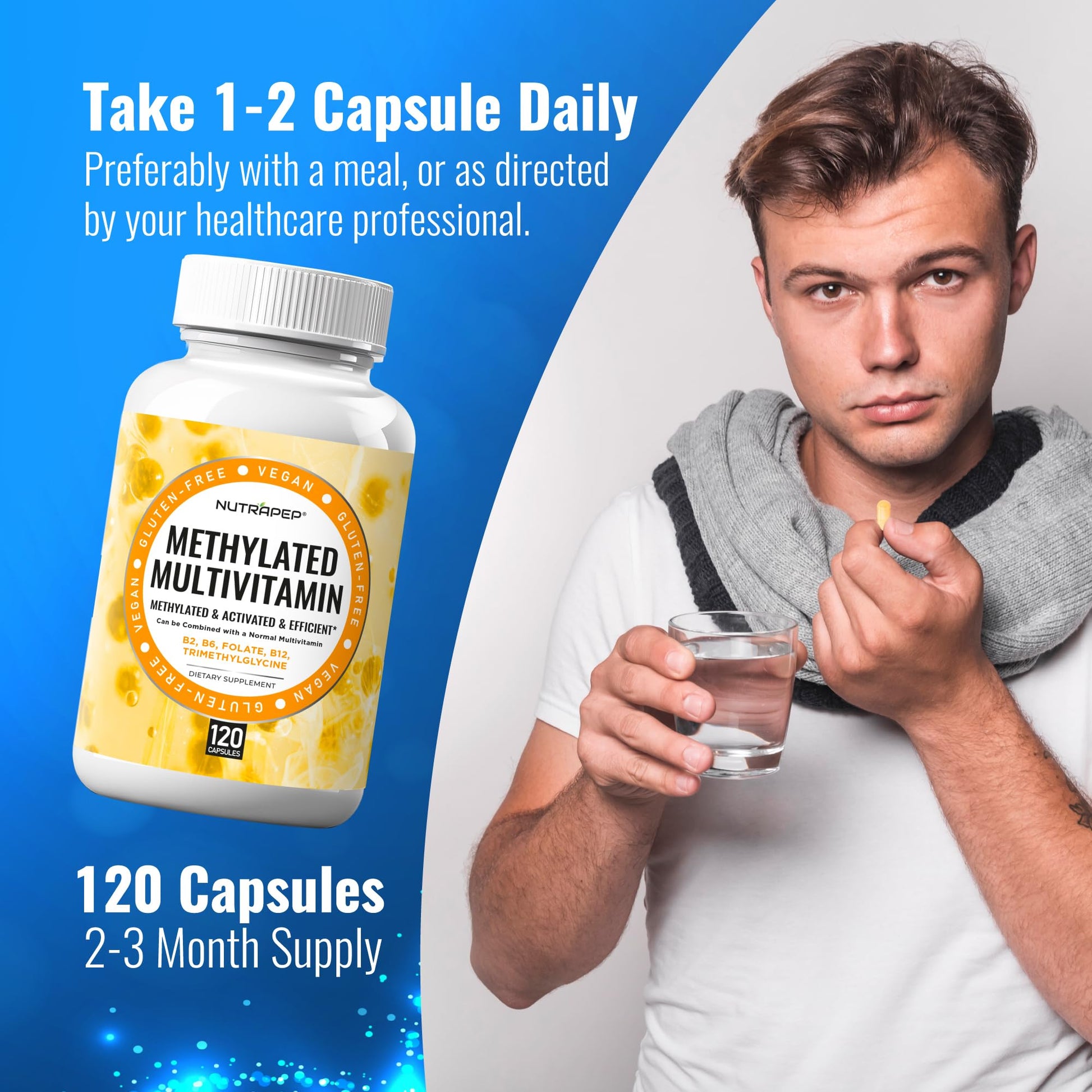 NutraPep Methylated Multivitamin for Men Women - 5-MTHF Riboflavin Vitamin B2 B6 B12 B Complex Trimethylglycine Methyl Folate L Methylfolate Capsules Supplement NutraPep uk supplements