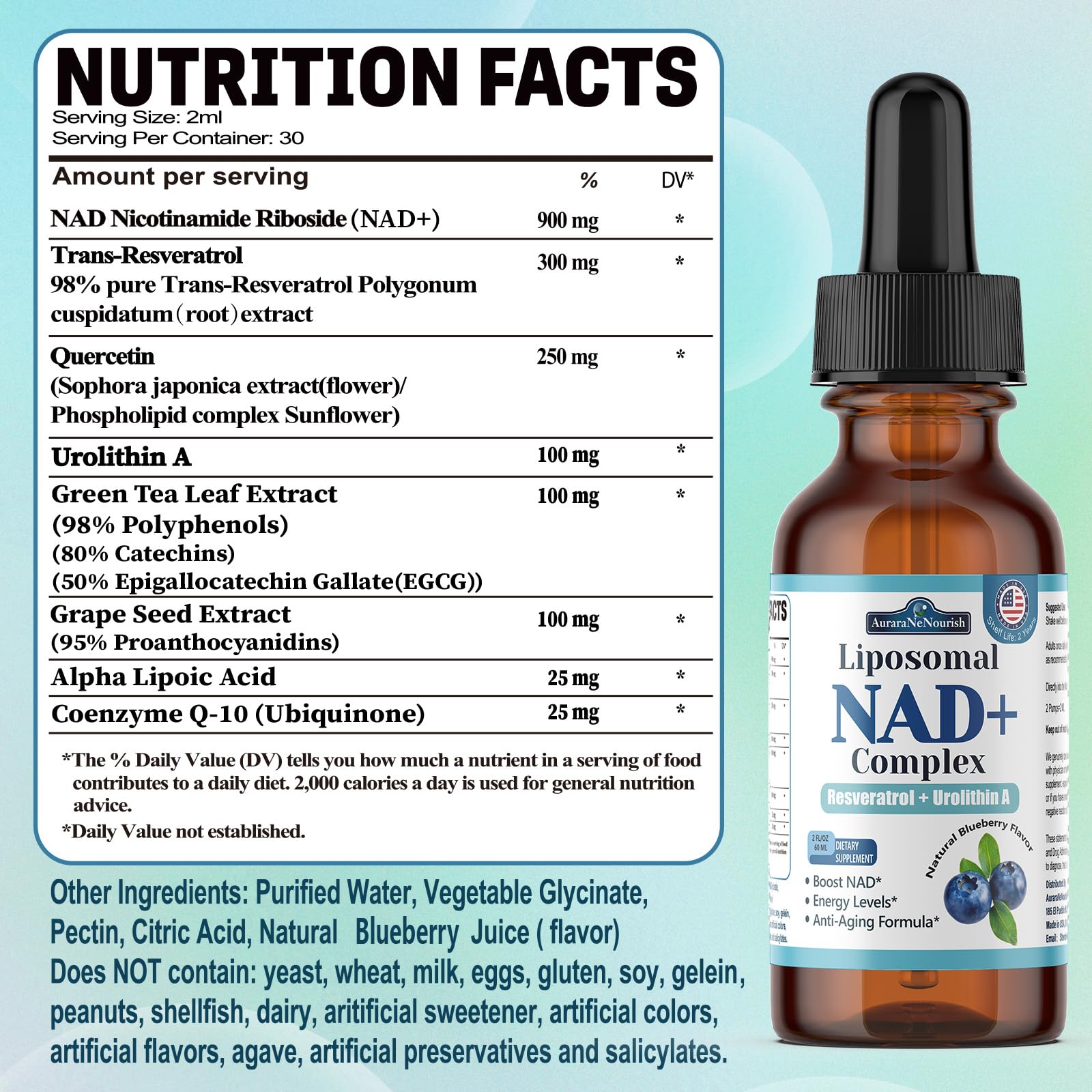 Liposomal NAD+ Liquid Drops, 8-in-1 NAD⁺ Nicotinamide Riboside Resveratrol 900mg w. Quercetin & Urolithin A | Fast Absorption NAD+ Supplement with CoQ10, ALA | Cellular Energy, Anti-Aging, Vitality AuraraNeNourish uk supplements