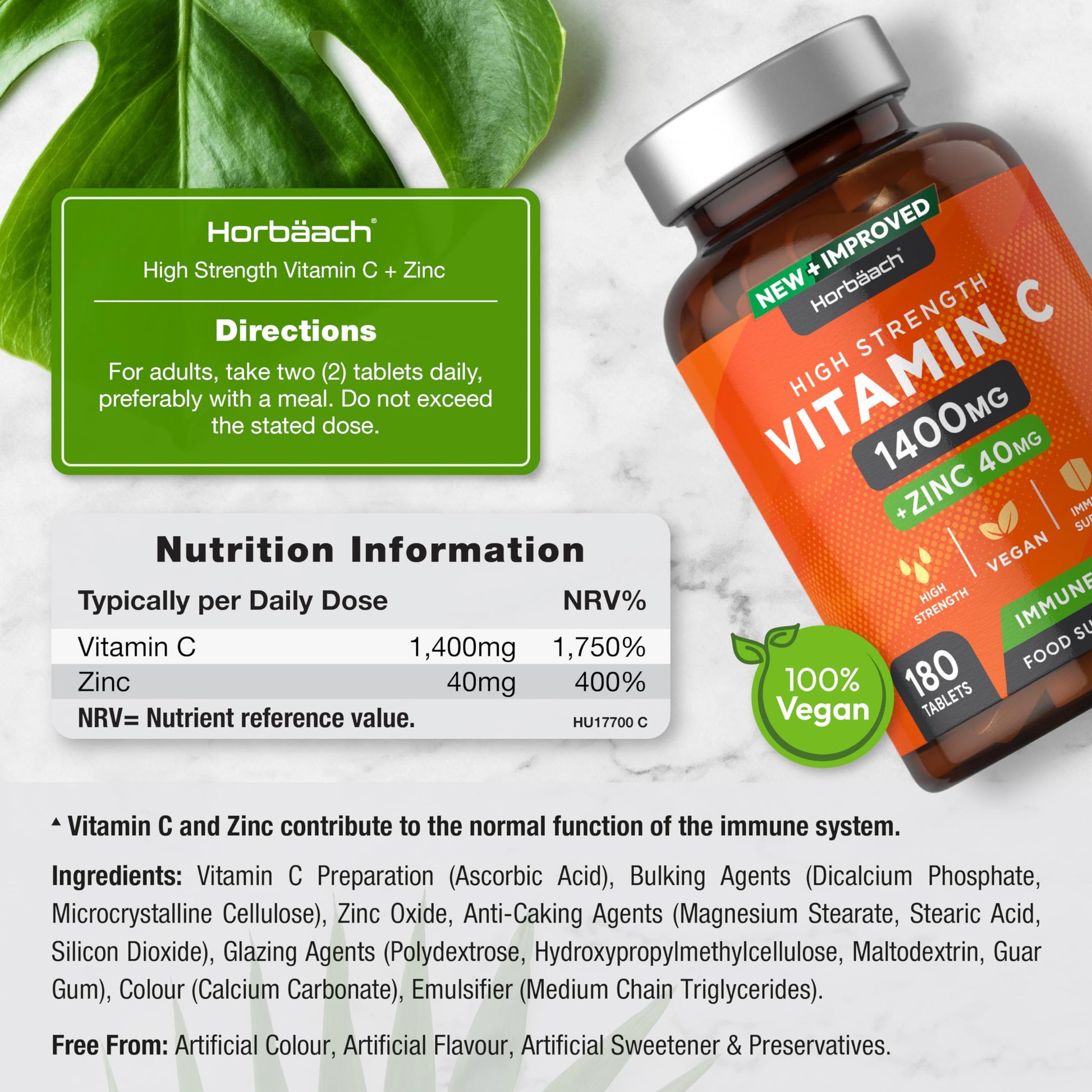 Vitamin C and Zinc | 180 Vegan Tablets | High Strength Vitamin C 1400mg and Zinc 40mg Horbäach uk supplements