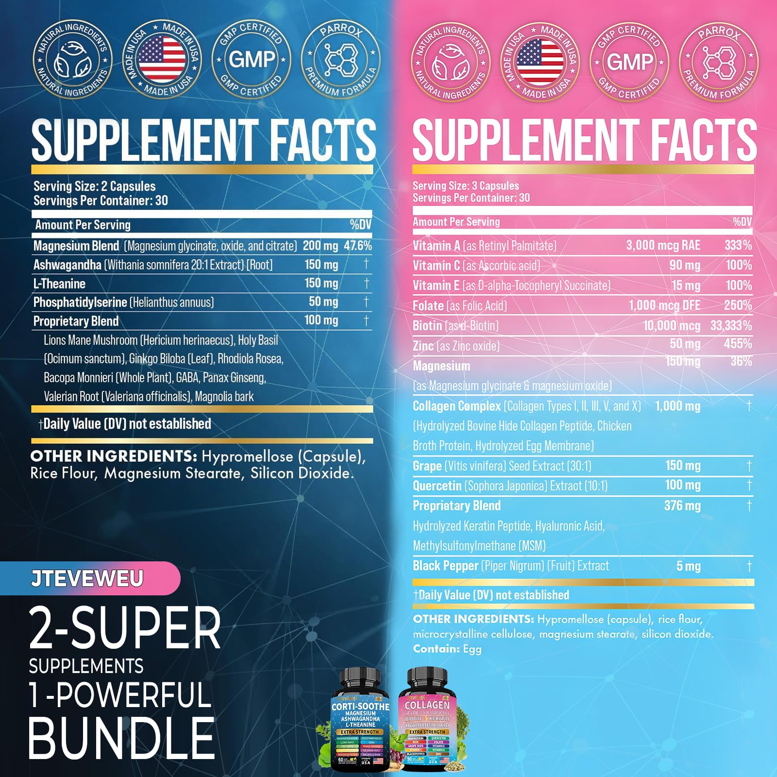 JTEVEweu Shining Serenity Set, Cortisol Support with Ashwagandha, L-Theanine, Magnesium, Lions Mane, GABA, Bacopa Monnieri, Collagen Biotin, Keratin, Hyaluronic Acid, Quercetin JTEVEweu uk supplements