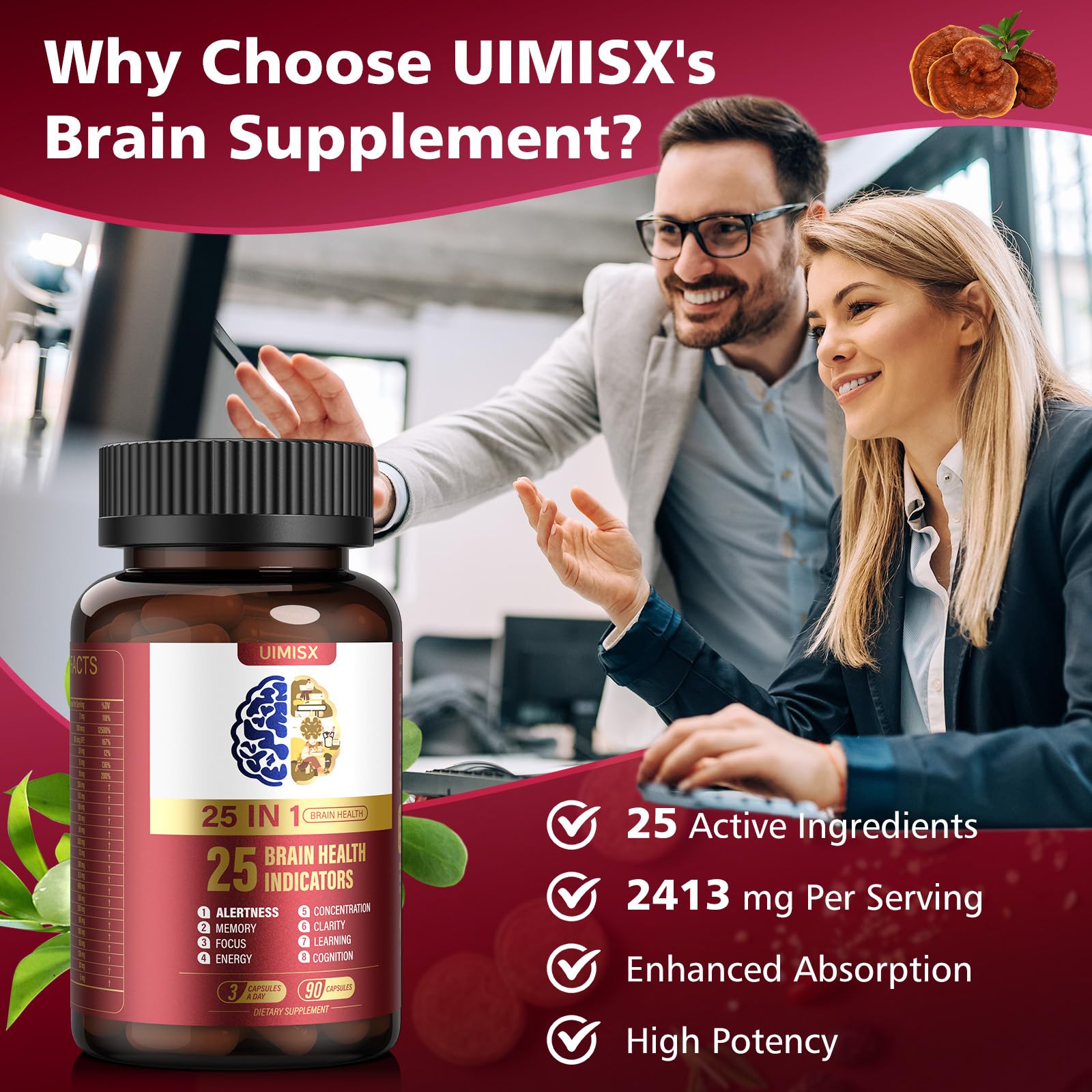 UIMISX Brain Supplement for Mental Alertness, Memory, Focus & Energy, Alpha GPC, Huperzine-A, L-Tyrosine, Phosphatidylserine, Vitamins B6 B12, High Absorption, 90 Capsules UIMISX uk supplements