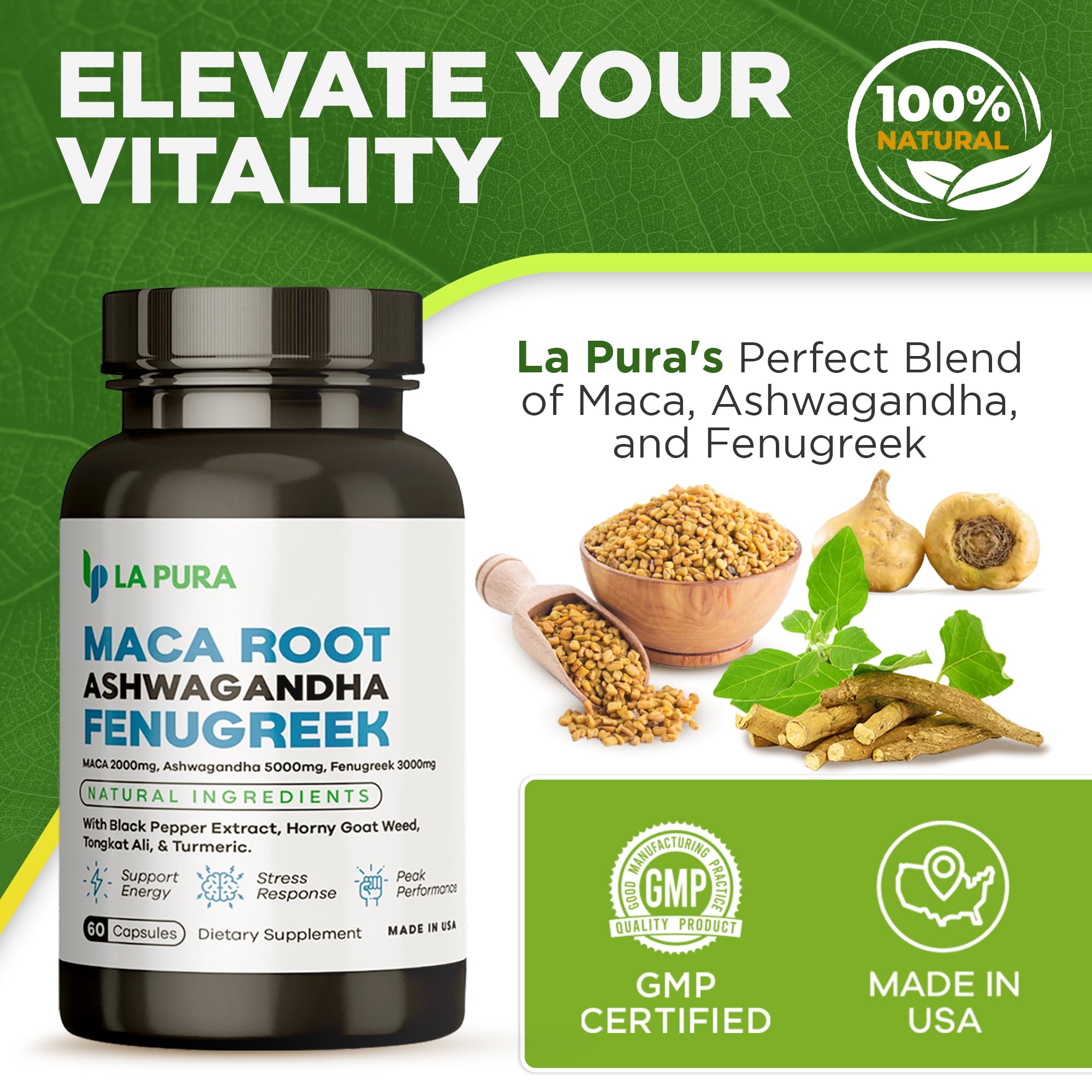 LaPura Ashwagandha 5000mg Maca Root 2000mg Fenugreek 3000mg Supplement LaPura uk supplements