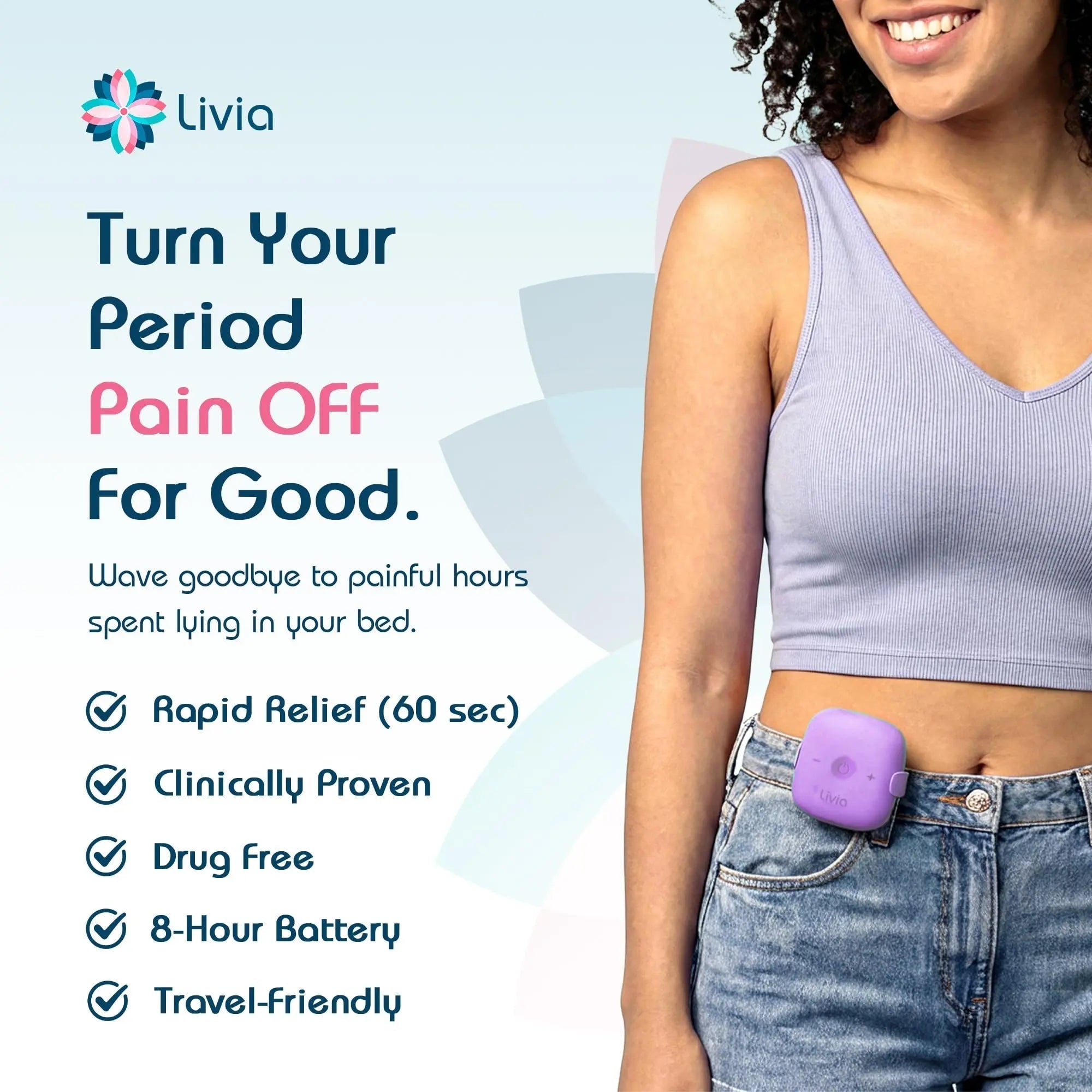 Livia Menstrual Pain Relief Device, Lavender – Off-Switch for Period Pain – Portable & Discreet – Rechargeable, Up to 8 Hours Battery – Complete Kit with Stick-On Pads – The Go-to Travel Partner Livia uk supplements