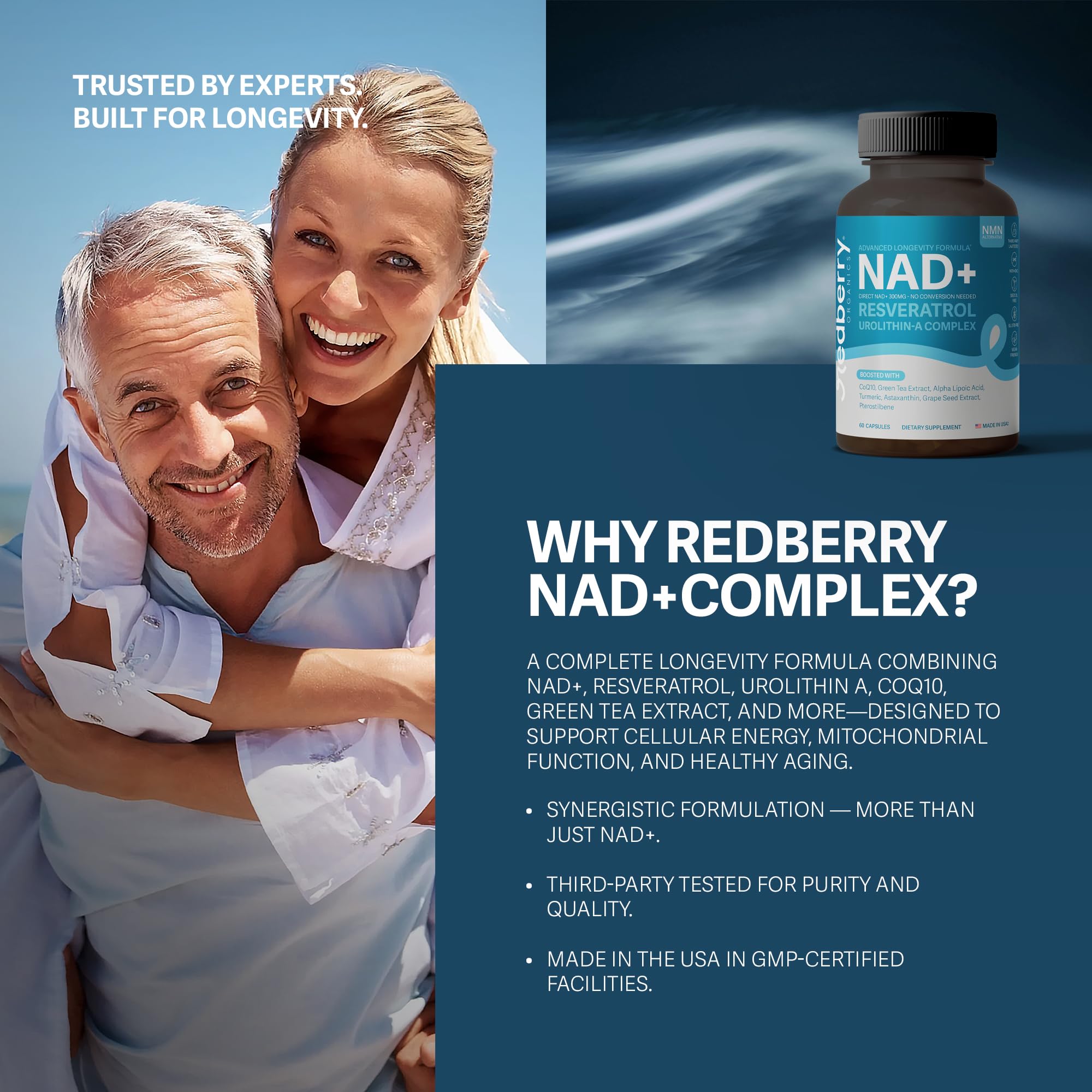NAD Supplement with Direct NAD+ 300mg (NAD Plus) | Advanced Longevity Complex with Urolithin A & Resveratrol | NMN Alternative | 60 Capsules | Non-GMO, Gluten Free | Made in USA Redberry Organics uk supplements