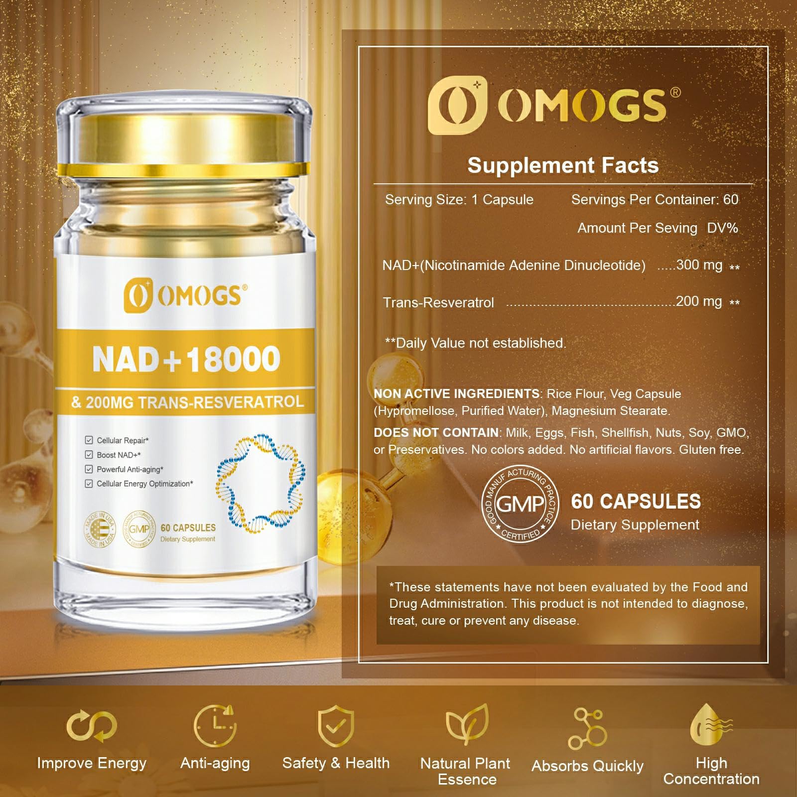 OMOGS NAD+ 300 mg + Trans-Resveratrol 200 mg, Pure NAD Supplement, Max Absorption, Boosting Supplement for DNA Repair, Healthy Aging, Cellular Energy & Longevity, 60 Capsules OMOGS uk supplements