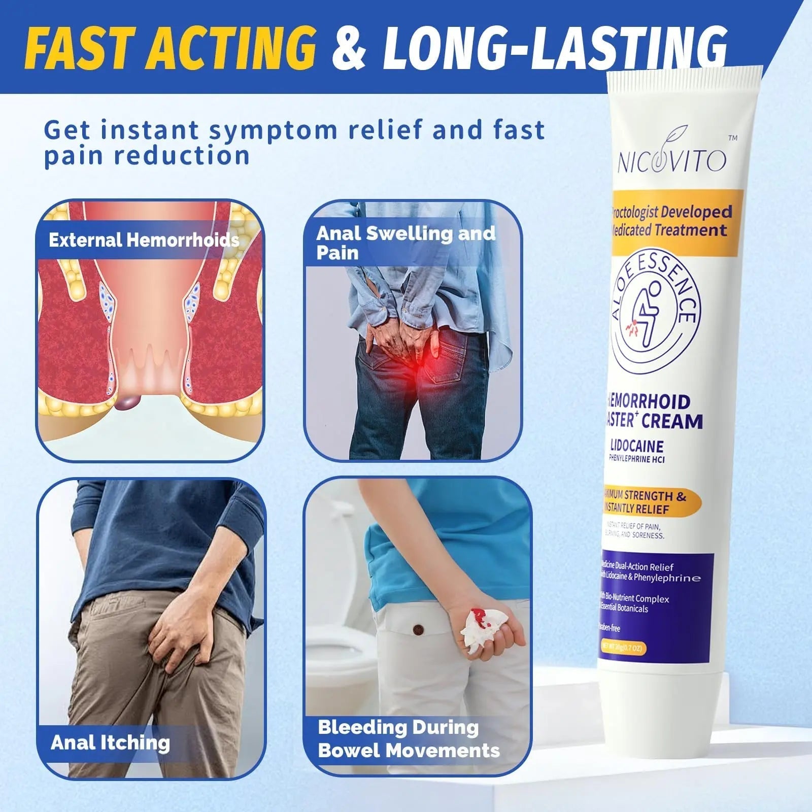 NICOVITO Hemorrhoid & Fissure Treatment Cream, 4% Lidocaine & Phenylephrine HCl Ointment, Maximum Strength Fast Relief for Pain, Itching & Swelling, External Use (0.7 oz) NICOVITO uk supplements