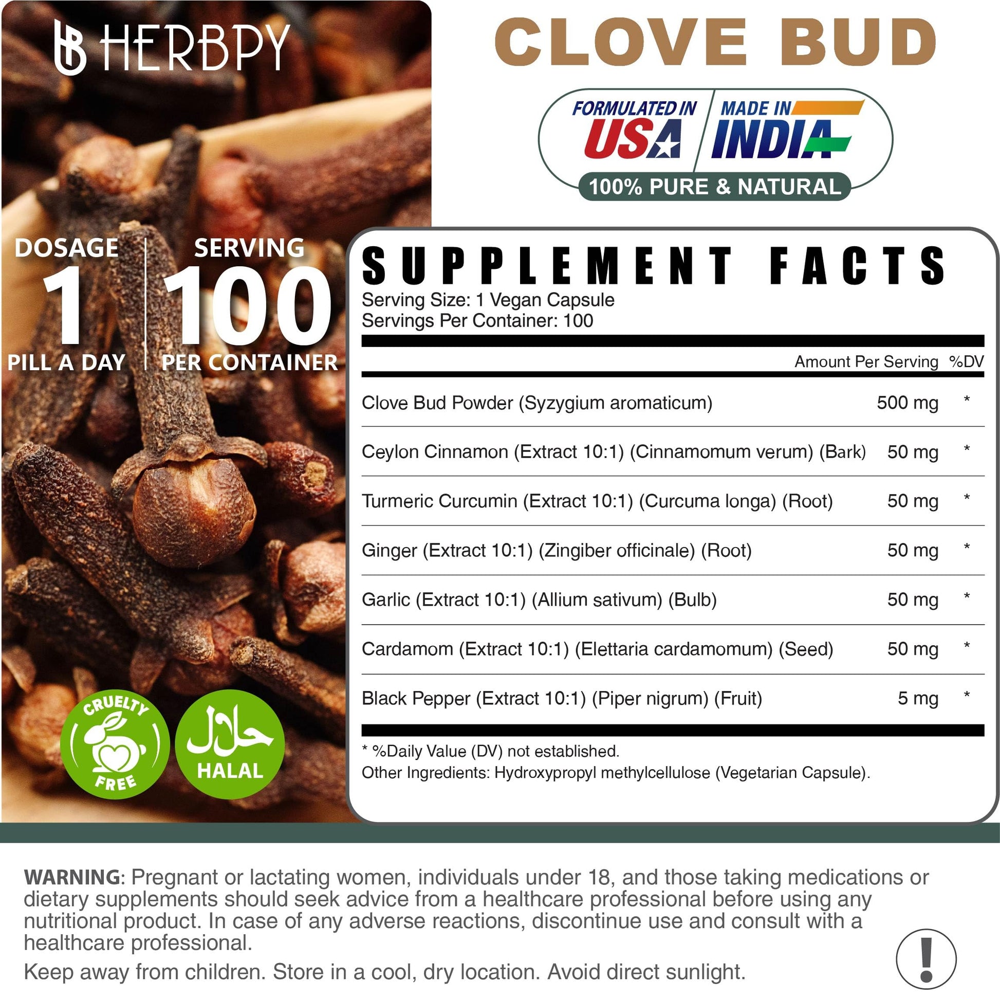 Herbpy 7in1 Clove Supplement Rich in Vitamins & Minerals Supports Digestion, Immune & Heart Health with Cinnamon, Turmeric, Ginger, Cardamom, Garlic & Black Pepper - 100 Vegan Capsules Herbpy uk supplements