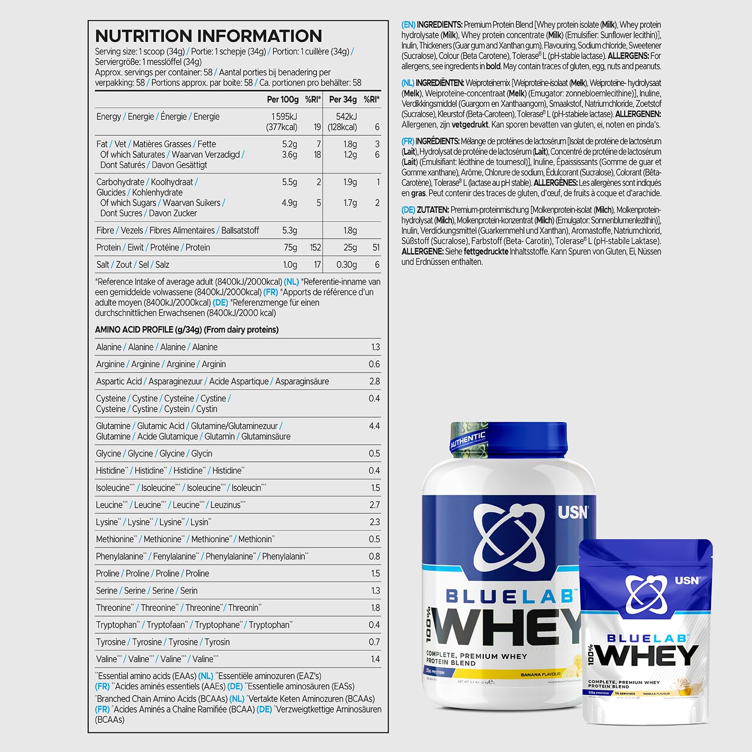 USN Blue Lab Whey Protein Powder: Banana - Whey Protein 2kg - Post-Workout USN uk supplements