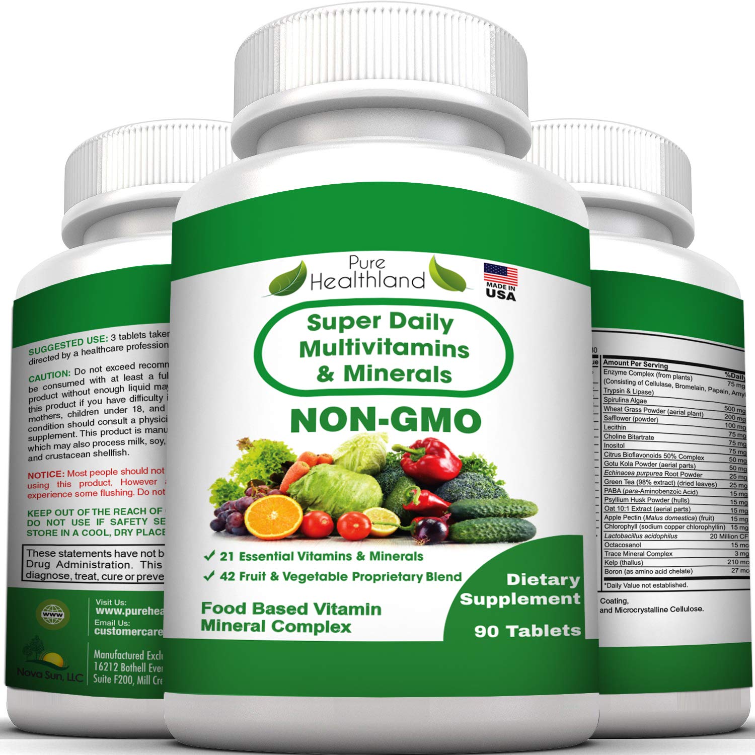Pure Heathland Non-GMO Super Daily Multivitamin for Adults – 42 Natural Fruits & Vegetables Blend with 21 Essential Vitamins & Minerals – Vegan Coating Tablets, 90 Count, Made in USA Pure Healthland uk supplements