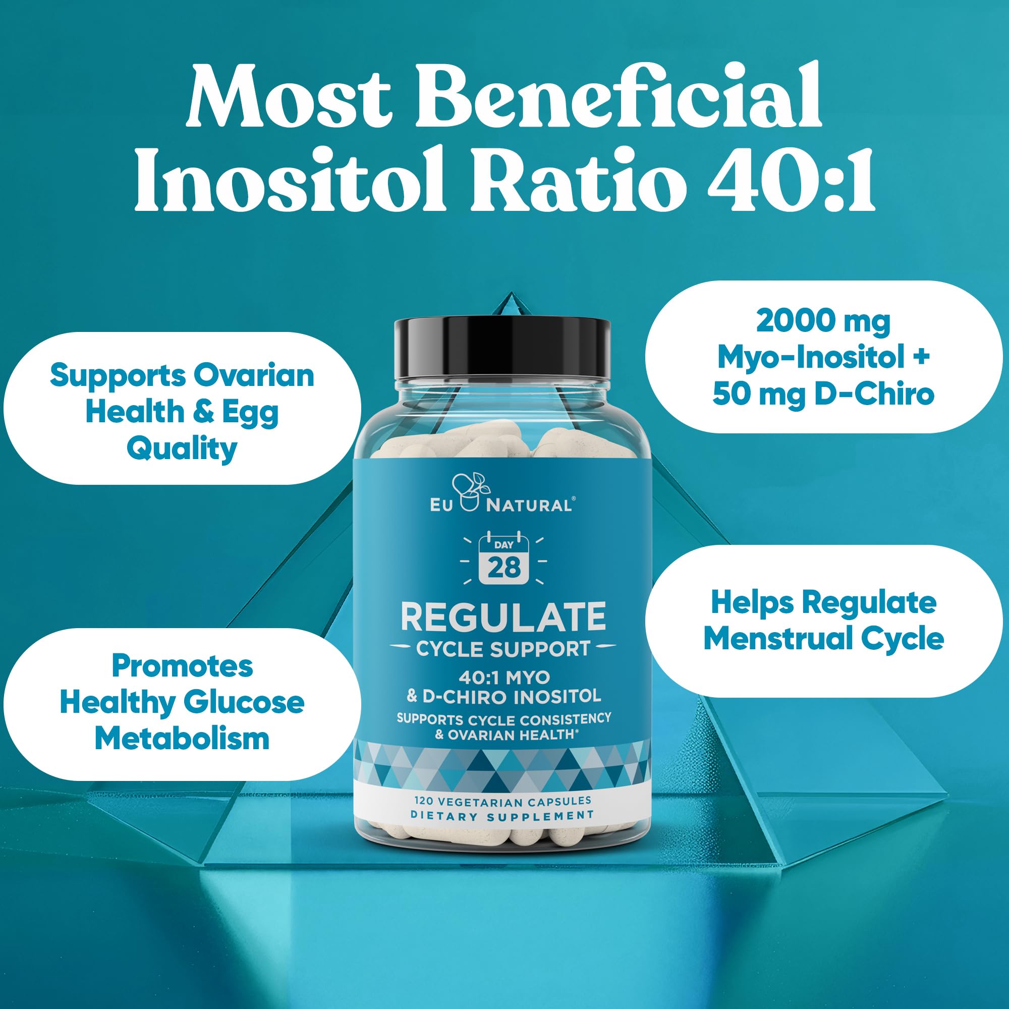 Regulate Cycle Support – Hormone Balance for Women at Optimal 40:1 Myo-Inositol 2000 mg & D-Chiro Inositol 50 mg – Supplement for Period Consistency, Menstrual & Ovulation Support – 120 Vegan Capsules Eu Natural uk supplements
