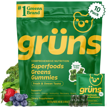 Gruns Sugar-Free Super Greens Gummies, Multivitamin Superfood Gummy Bears, Spirulina, Chlorella, Prebiotics & Fiber gummies for Digestive Health, Adaptogens Supplement, 20 Vitamins & Minerals, 10 pack Grüns uk supplements
