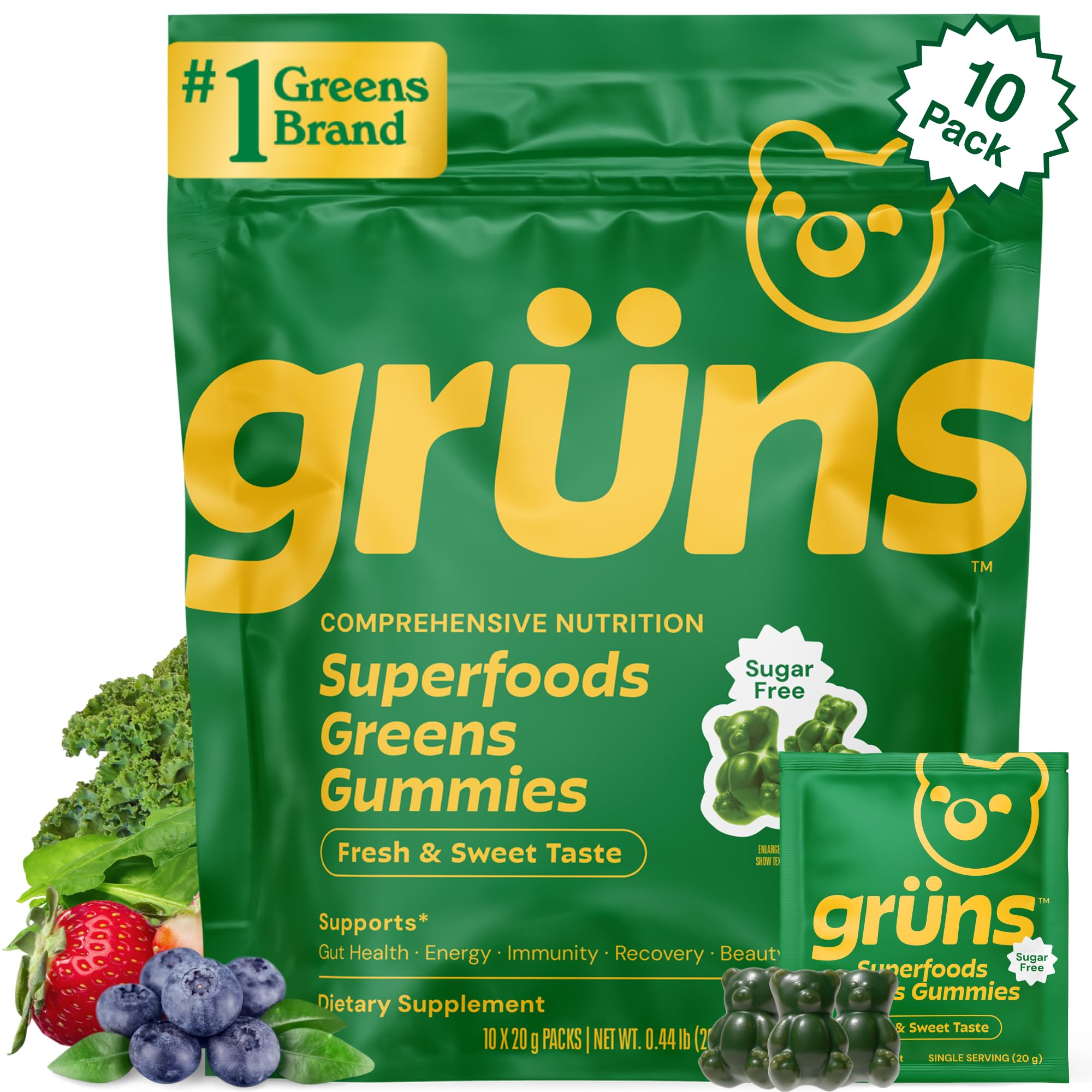 Gruns Sugar-Free Super Greens Gummies, Multivitamin Superfood Gummy Bears, Spirulina, Chlorella, Prebiotics & Fiber gummies for Digestive Health, Adaptogens Supplement, 20 Vitamins & Minerals, 10 pack Grüns uk supplements