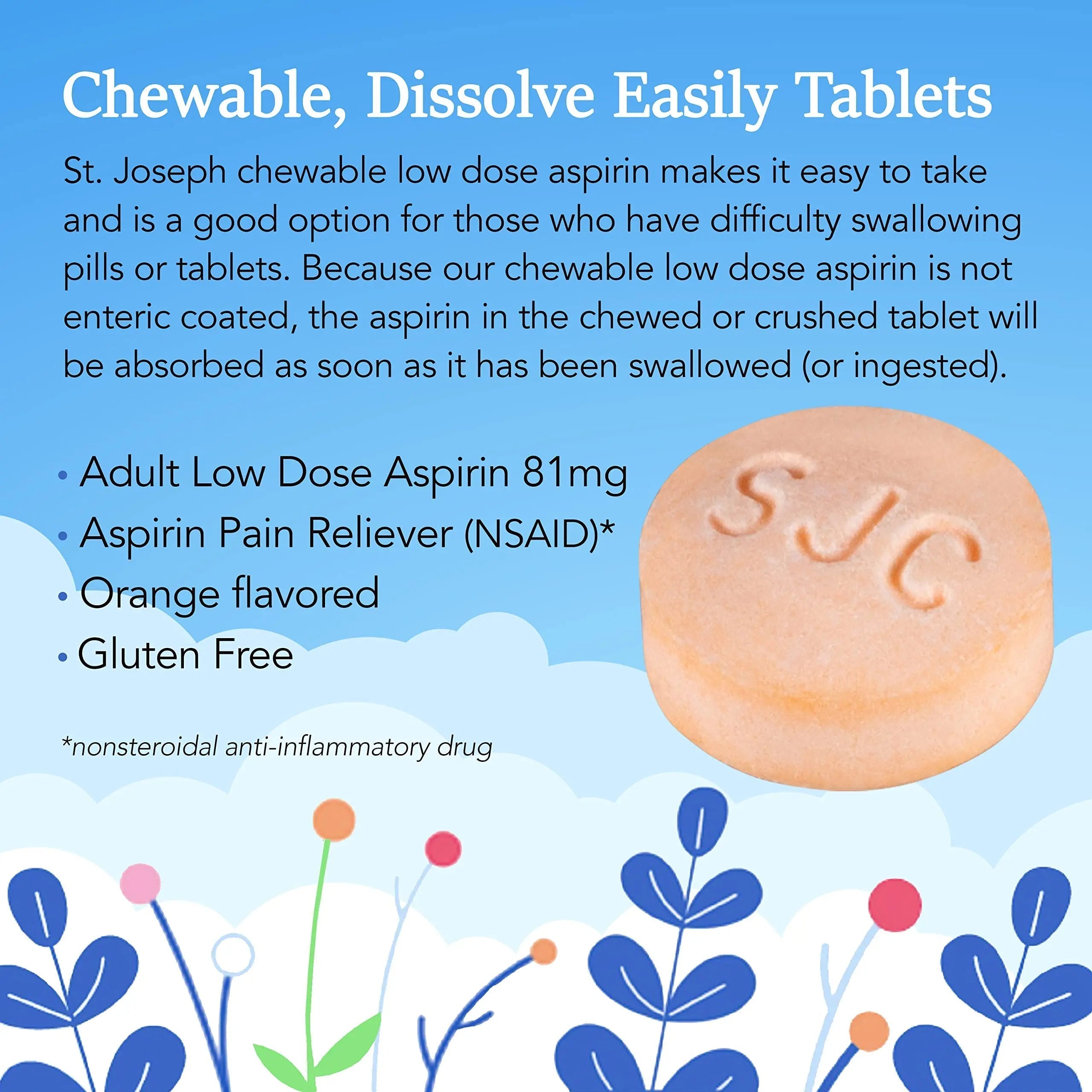 St. Joseph Aspirin Pain Reliever (NSAID) 81mg, Chewable Orange Tablets, Adult Low Dose Regimen, 36 ct St. Joseph uk supplements