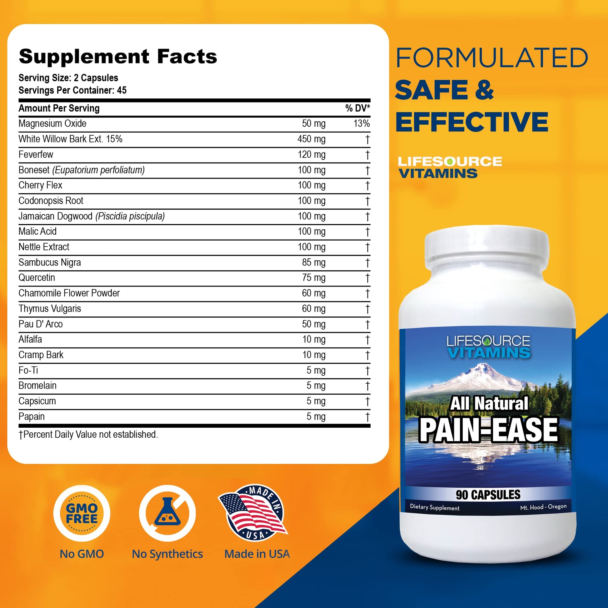 LifeSource Vitamins All Natural Pain Ease – 20 Synergistic Herbs and Enzymes That Naturally & Safely Support: Headaches & Migraines - Knees – Shoulders – Joints – Leg Pain – Tension LifeSource Vitamins uk supplements