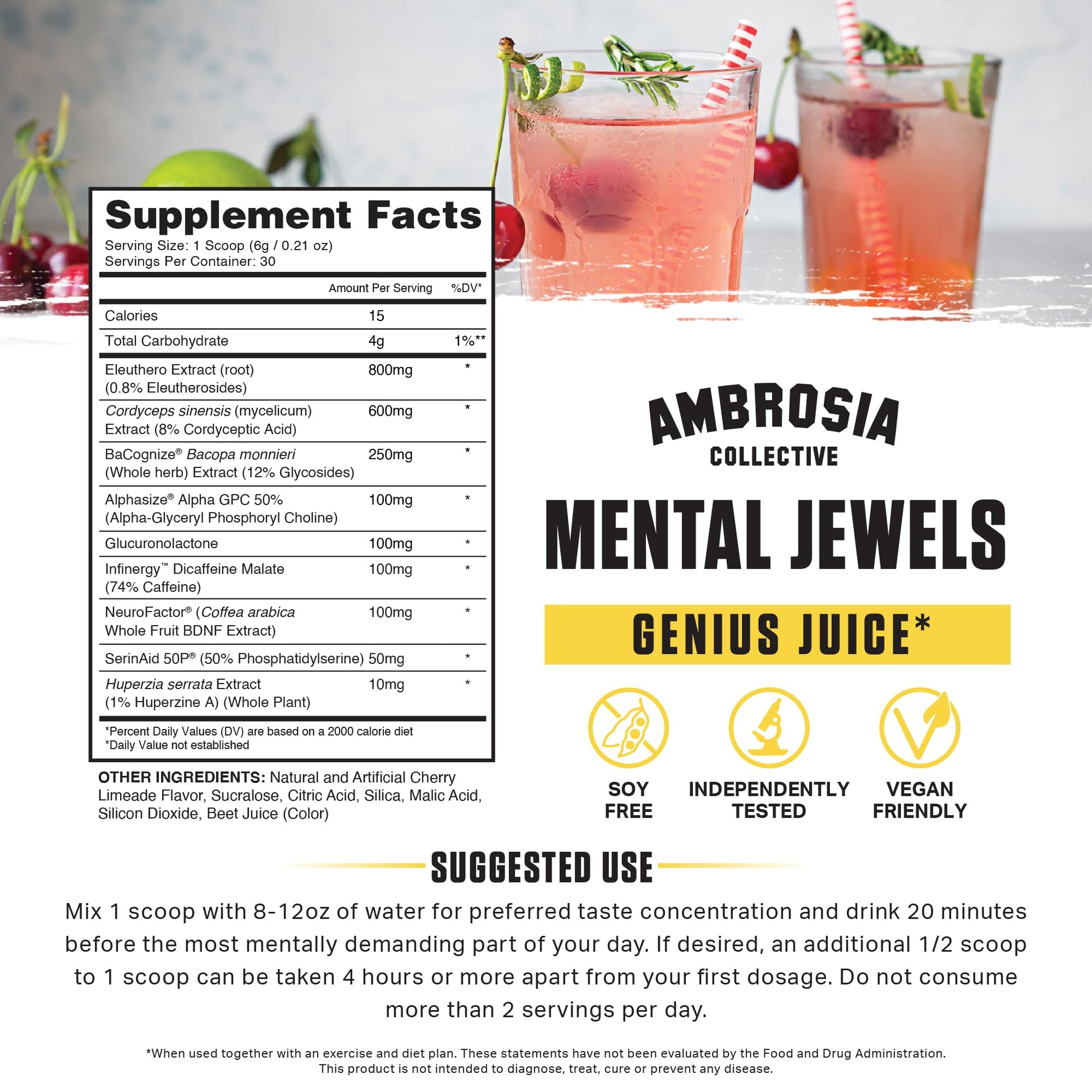 Ambrosia Mental Jewels Nootropic Brain Supplement Powder | Alpha GPC, Bacopa & Phosphatidylserine | Memory, Focus & Concentration Support | 30 Servings | Cherry Limeade Ambrosia uk supplements