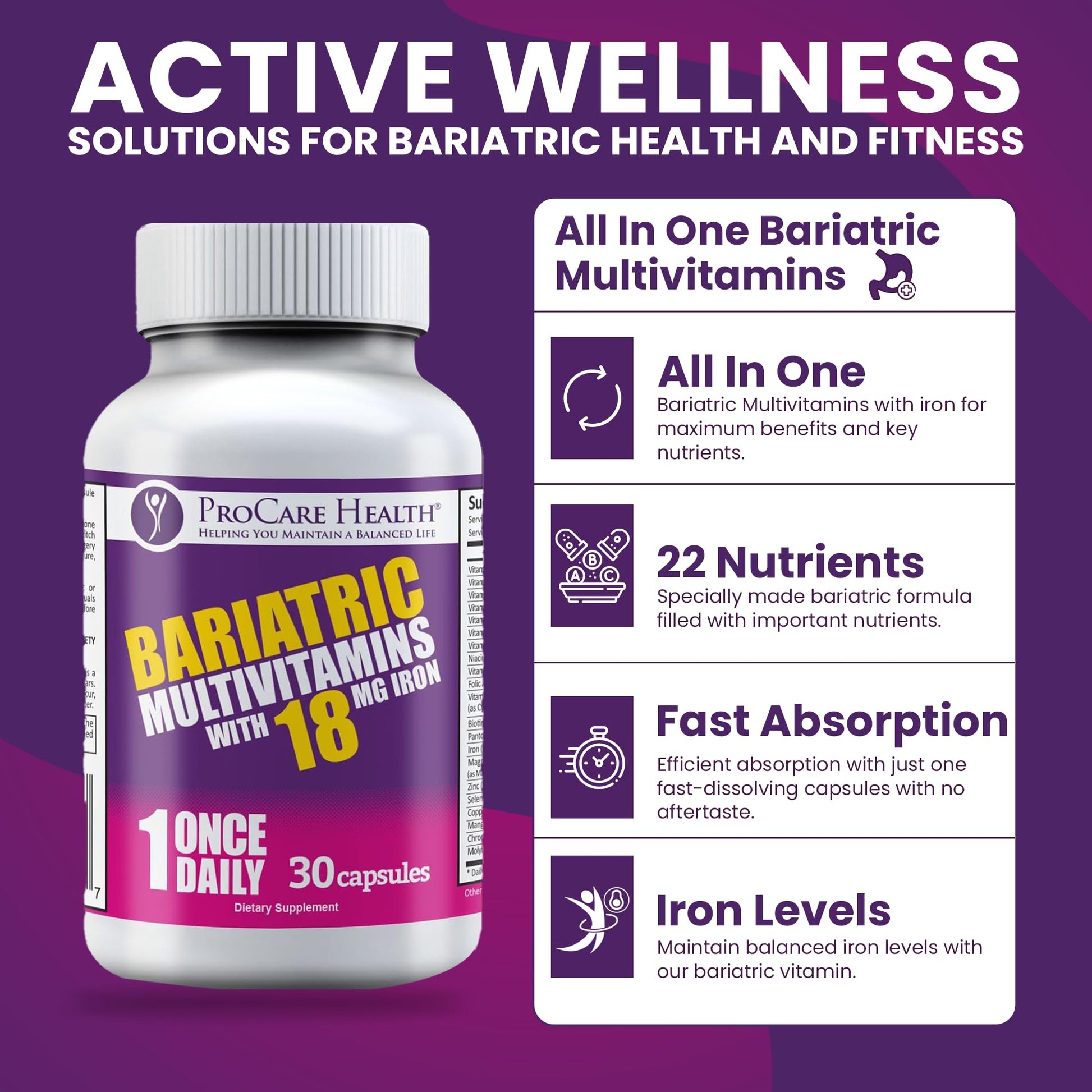 ProCare Health Bariatric Multivitamin with Iron 18mg (30 Easy to Swallow Capsules) - Post Op Bariatric Vitamins ProCare Health uk supplements