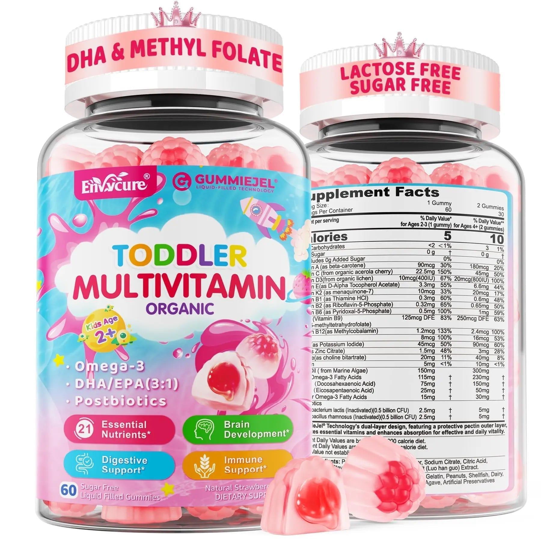 Organic Toddler Multivitamin Gummies + Omega-3 (DHA/EPA), Postbiotics | kids 2+ multivitamin | Vitamins A C D3 Methyl B12 Folate Zinc EnvyCure uk supplements