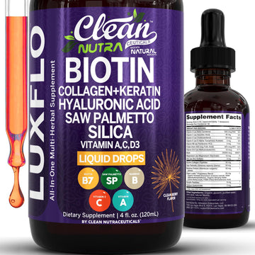 Liquid Biotin & Collagen Keratin Hyaluronic Acid Saw Palmetto Drops Vitamins for Hair Growth Support Silica Vitamin A C D Bamboo Turmeric Zinc Folate Magnesium Horsetail LuxFlo By Clean Nutra Clean Nutraceuticals uk supplements