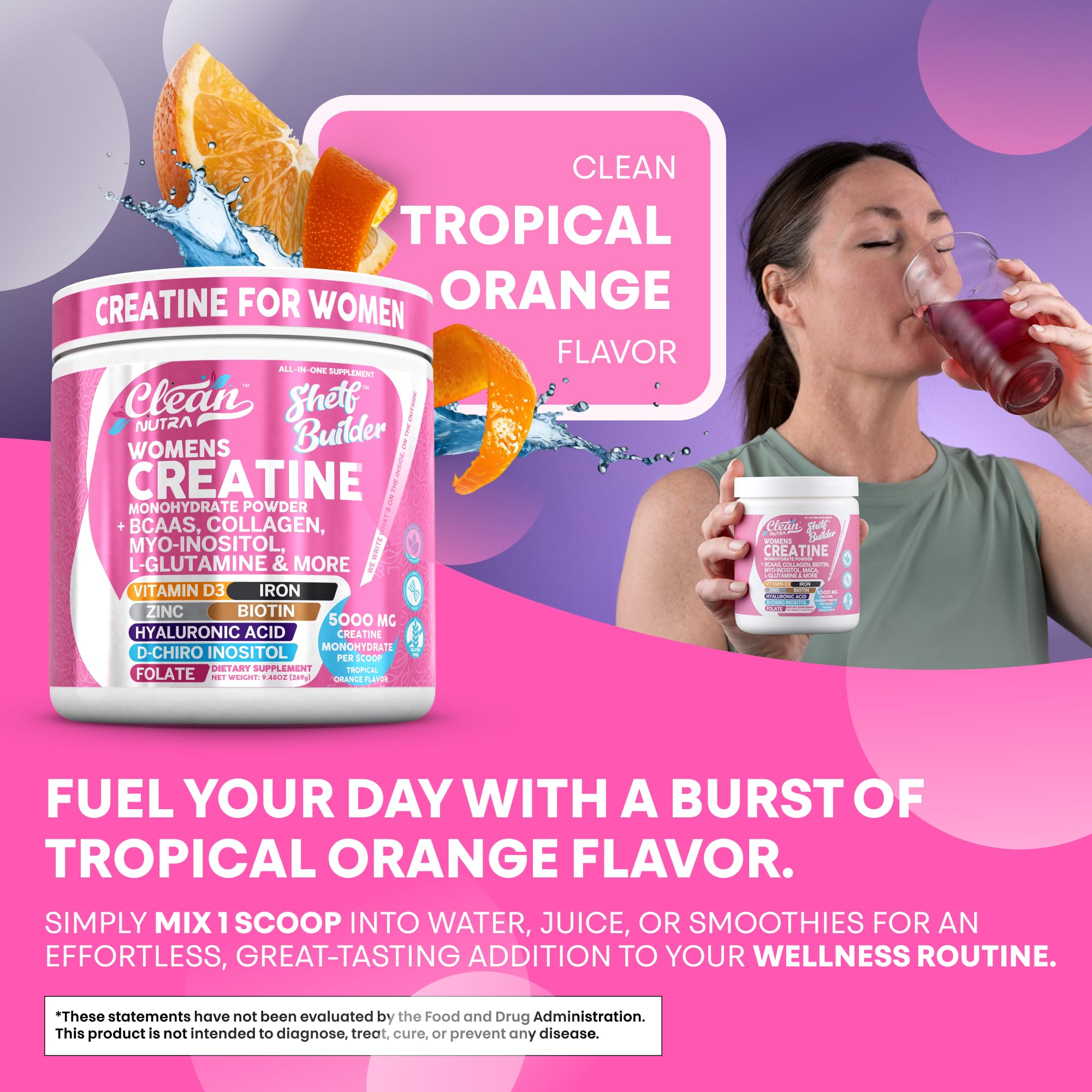 Creatine for Women | Creatine Monohydrate + BCAA Powder Myo-Inositol Collagen Biotin Hyaluronic Acid Folate L Glutamine Vitamin D3 Iron Zinc D-Chiro-Maca Digestion Shelf Builder by Clean Nutra Clean Nutraceuticals uk supplements