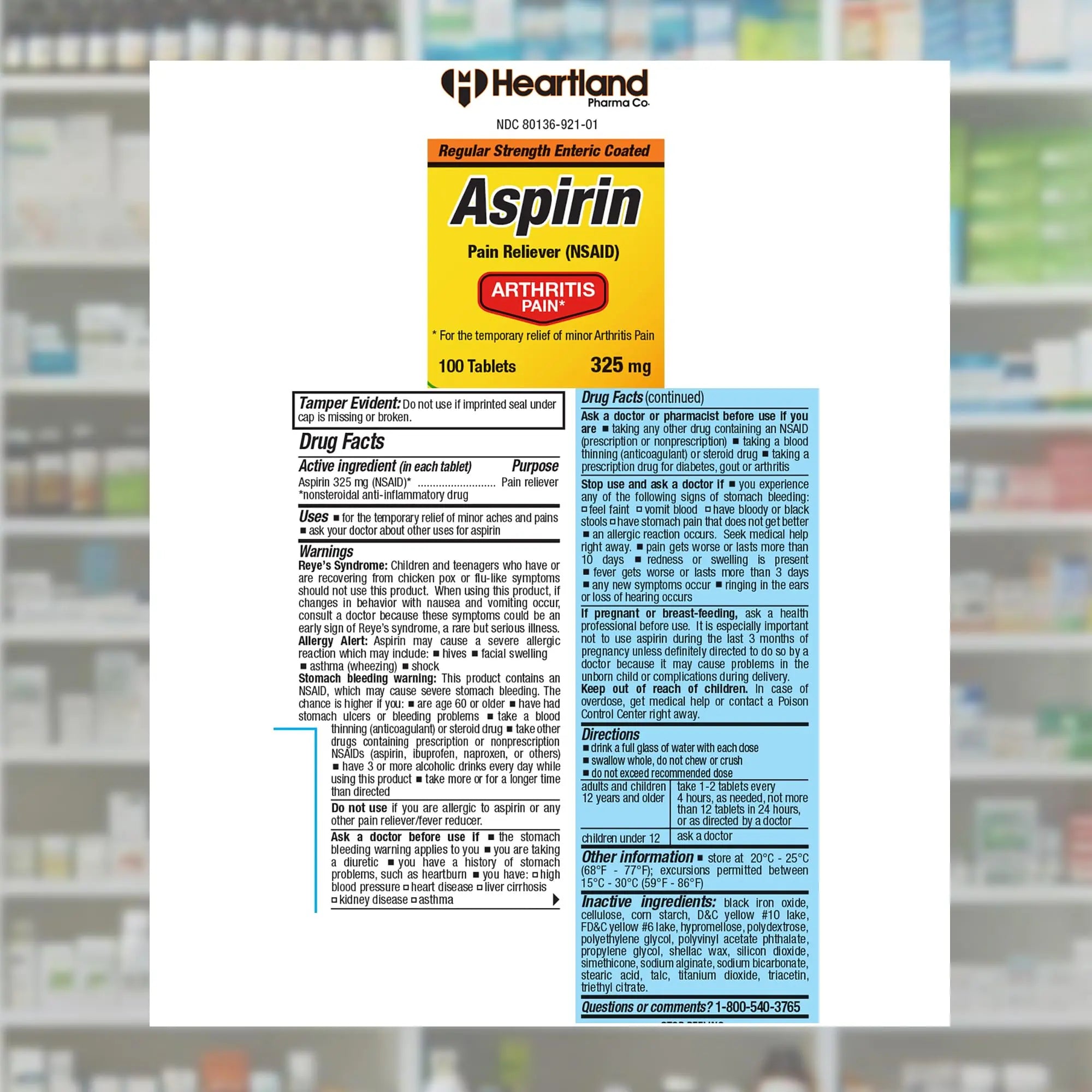 Heartland Pharma Aspirin 325mg Enteric Coated Tablets | Original Strength NSAID Pain Reliever & Fever Reducer | Joint Pain Relief for Arthritis | Child-Resistant Safety Cap | Made in USA | 100 Count Heartland Pharma uk supplements