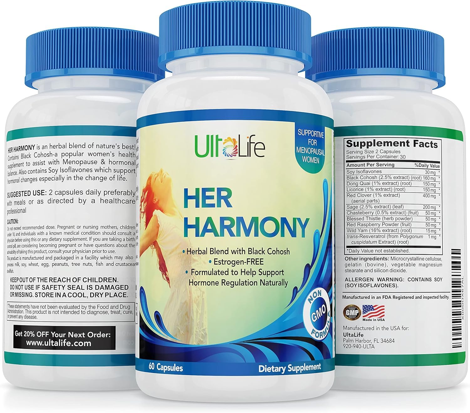 UltaLife Her Harmony Menopause Supplements for Women - Hot Flashes Menopause Relief & Hormone Balance for Women - Contains Black Cohosh, Dong Quai, Red Clover & More - Estrogen Free - 120 Capsules ULTALIFE uk supplements
