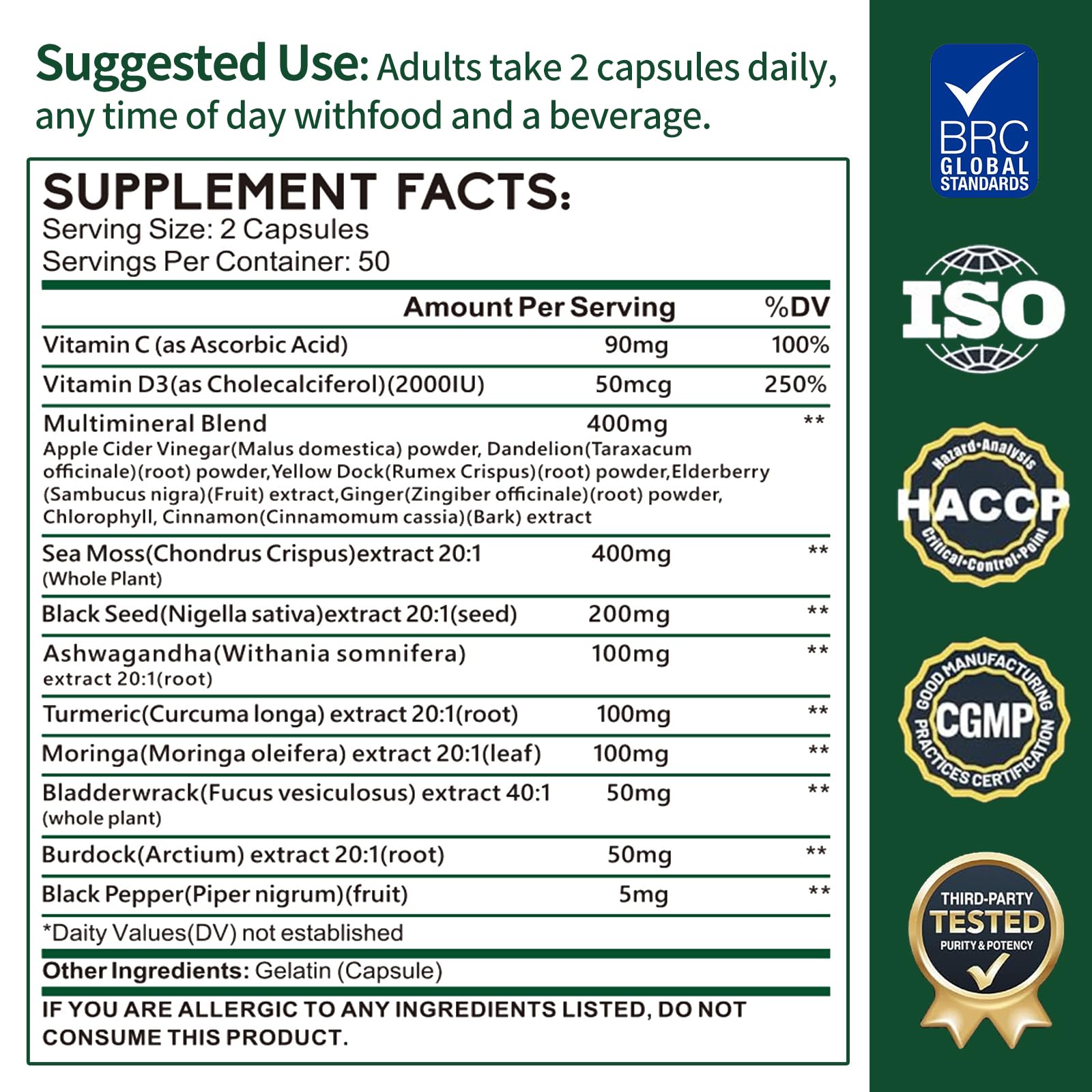 Zhibenon Sea Moss Capsules with Bladderwrack & Burdock - 50 Day Supply - Powerful Formula with Black Seed Oil, Ashwagandha, Turmeric, Vitamin C, Vitamin D3, Moringa & Black Pepper Extract Zhibenon uk supplements