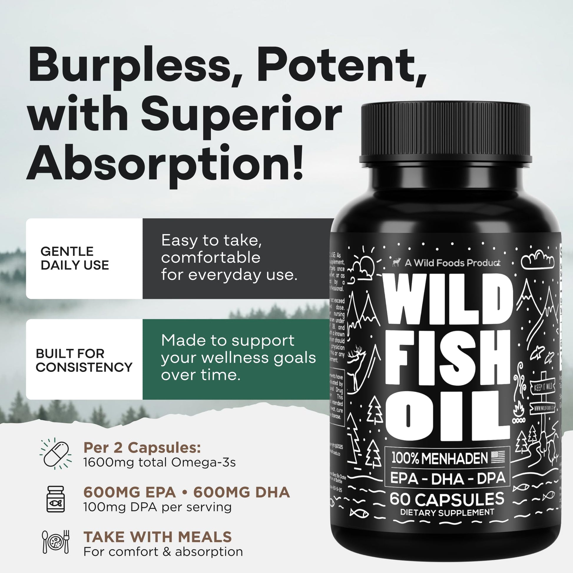 Wild Foods Fish Oil Omega 3 Supplements | 1600 mg | Highly-Potent: DPA, DHA, EPA | Burpless, Odorless, Non-GMO, Gluten Free | For Brain & Heart Health, Joint Support | 60 Capsules (1 pk) | 30 Servings Wild Foods uk supplements