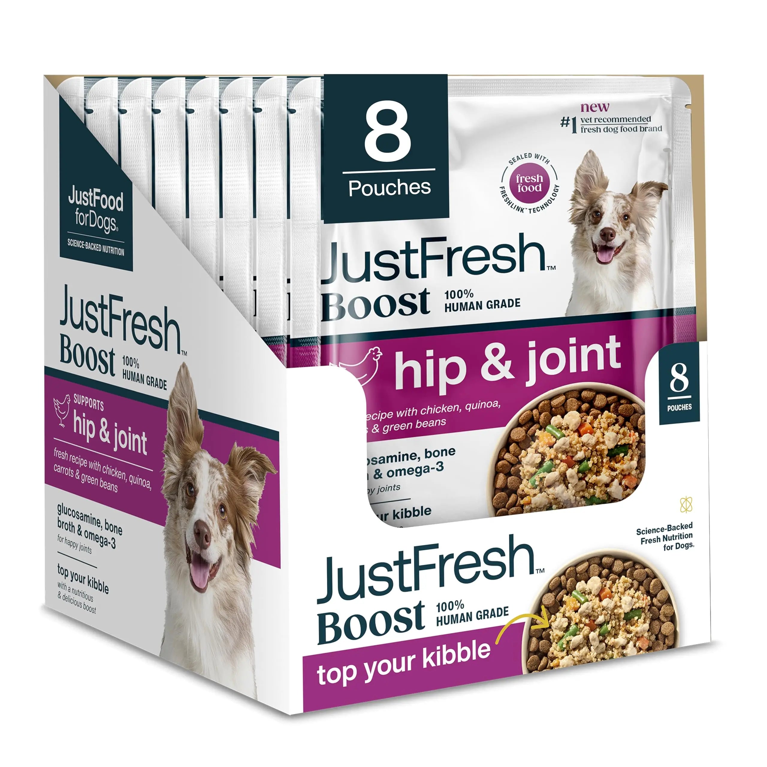 JustFoodForDogs JustFresh Boosts Hip & Joint Support Dog Food Toppers with Glucosamine to Support Hip Mobility & Joint Flexibility, Human-Grade Fresh Pet Meal Booster, 8 oz Pouches - 8 Pack JustFoodForDogs uk supplements