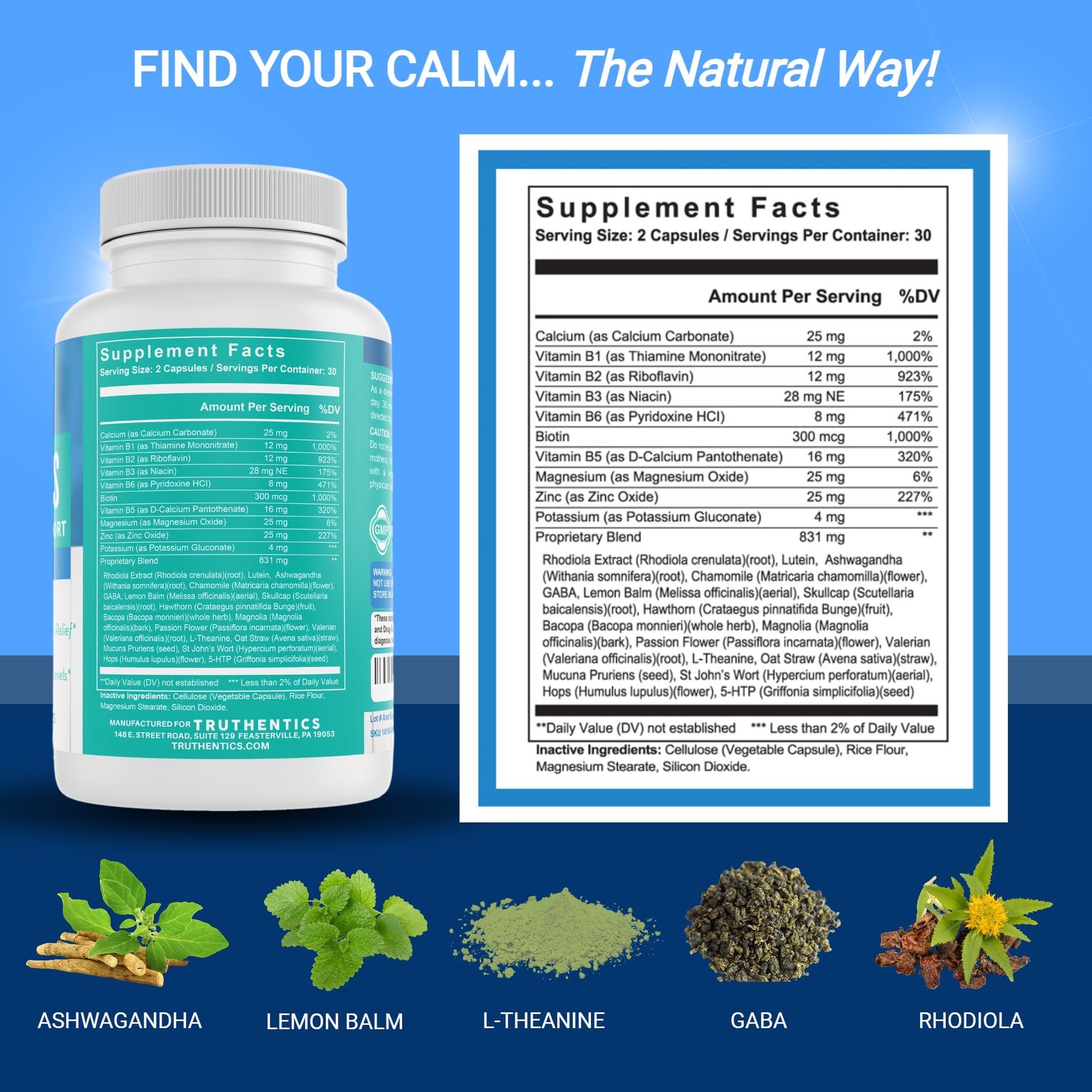TRUTHENTICS Bye-Bye Stress - Stress & Mood Support Supplement for Women with Ashwagandha, GABA, Lemon Balm, L-Theanin & Vitamin B Complex - Vegan - 60 Capsules TRUTHENTICS uk supplements