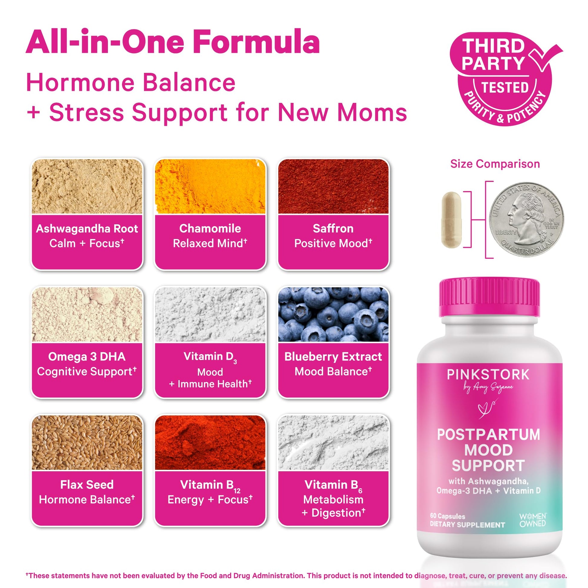 Pink Stork Postpartum Mood Support - Postnatal Hormone Balance for Women - Breastfeeding Friendly - Stress & Cognitive Support, New Mom Essentials - Ashwagandha, Chamomile, & Vitamin D, 60 Capsules Pink Stork uk supplements