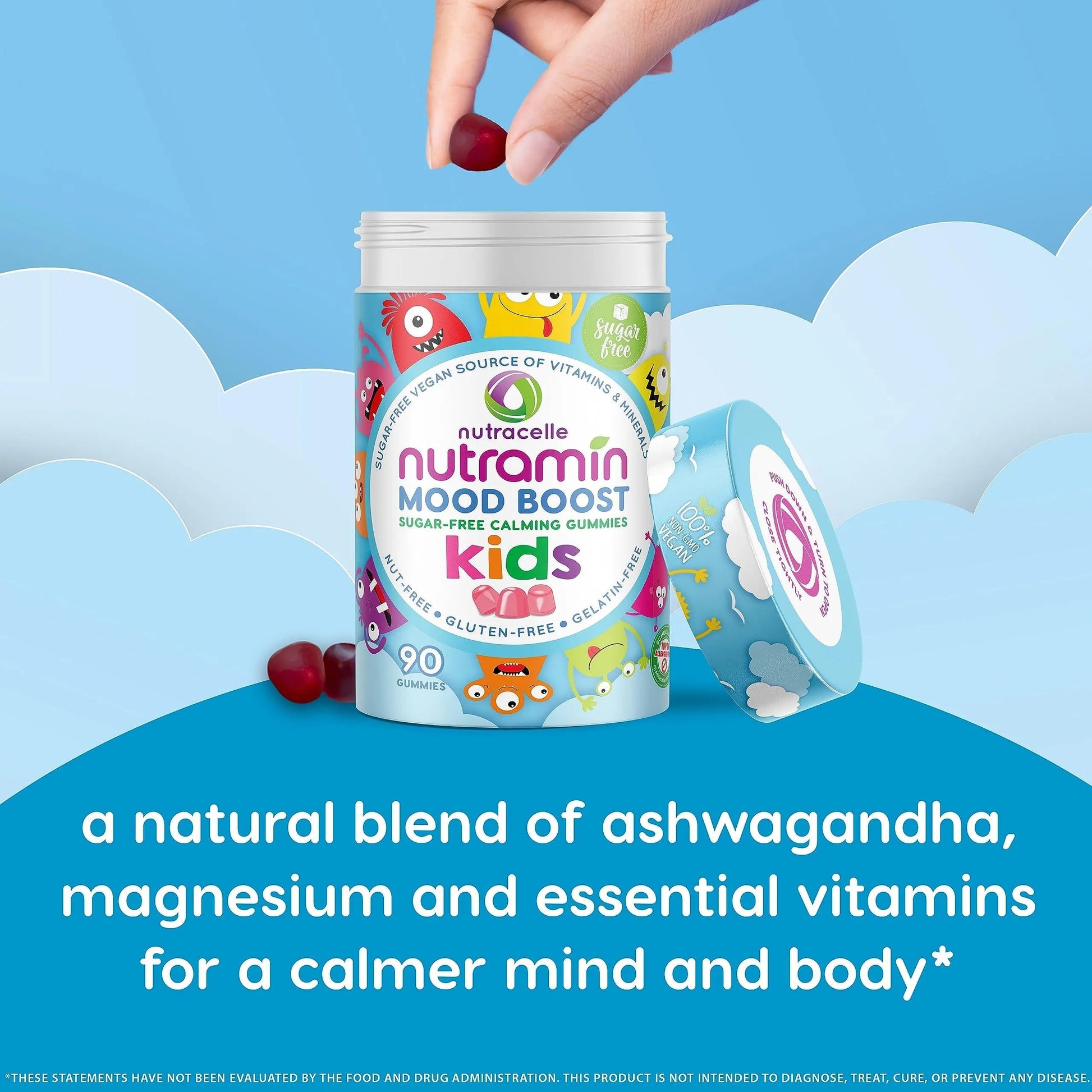 NUTRAMIN Kids Mood Boost Vegan Vitamin Gummy: Calming Magnesium Citrate Supplement for Children with Ashwagandha & Vitamin B Complex to Relax & Focus Nutracelle uk supplements