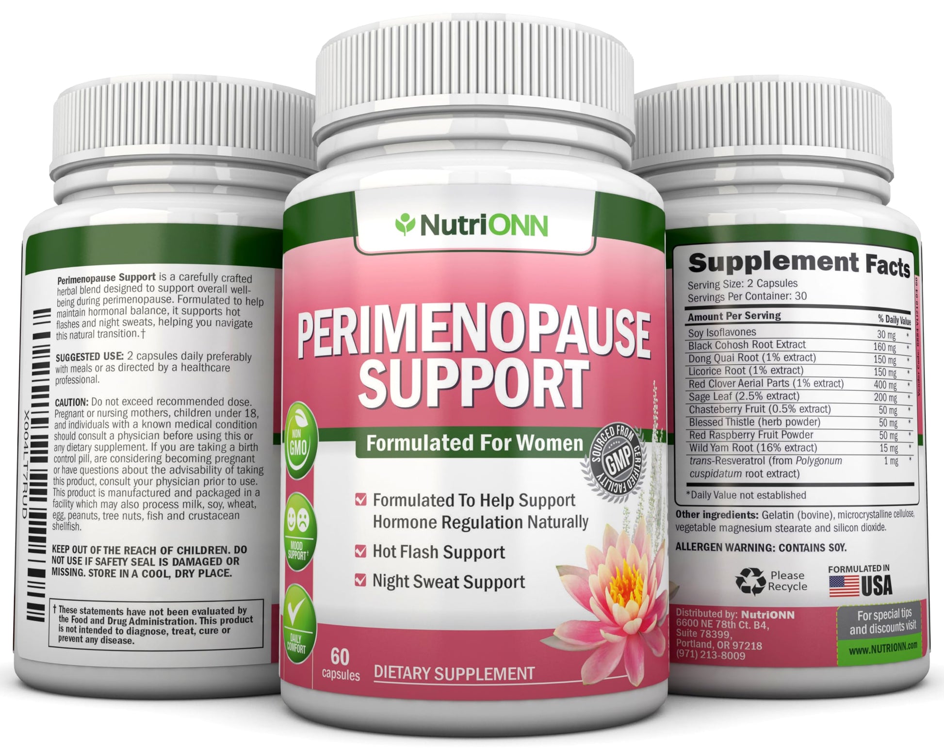 NutriONN Perimenopause Supplement for Women - Natural Support for Hot Flashes & Night Sweats - Improved Mood & Sleep - 11 Herbal Ingredients with Black Cohosh & Red Clover - Hormone Balance - Non-GMO NutriONN uk supplements