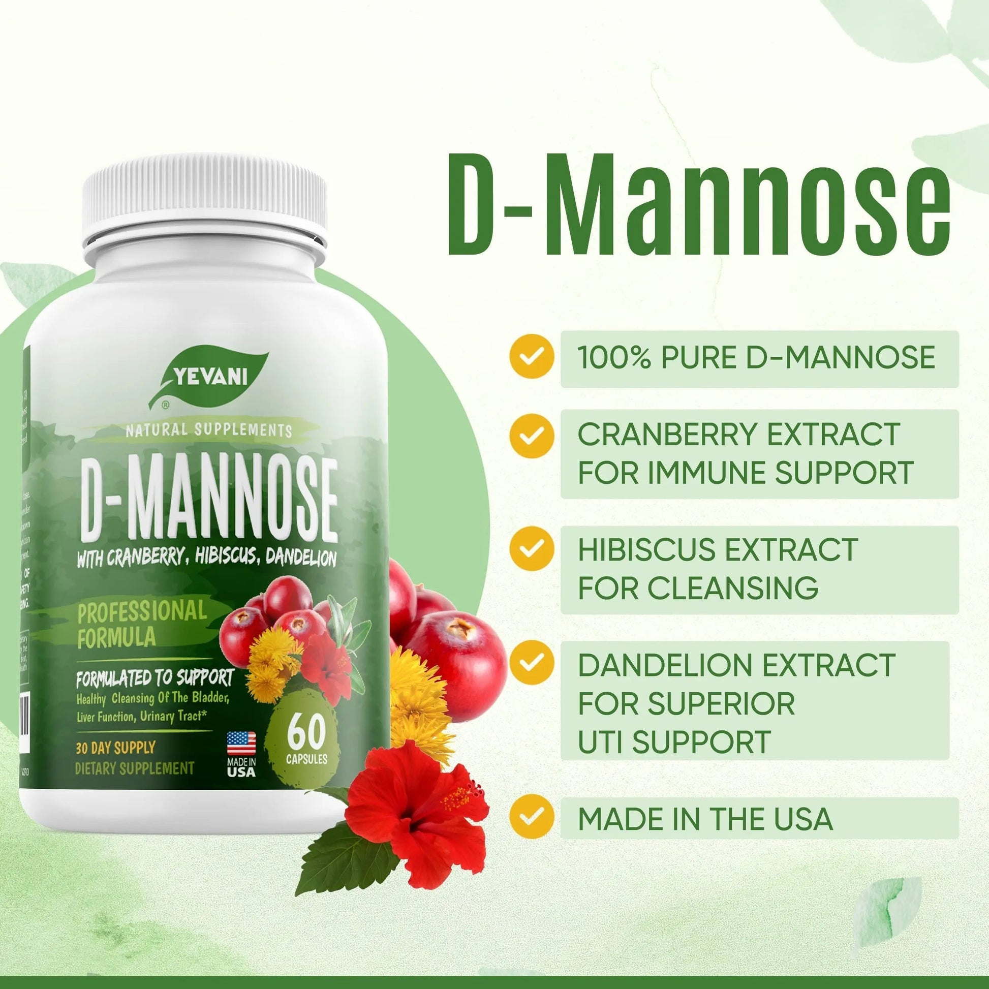 YEVANI 100% Pure D-Mannose Capsules 1000 mg with Cranberry, Hibiscus, and Dandelion Extract, Fast Acting Professional UTI Prevention Formula for Urinary Tract Health and Bladder Support YEVANI uk supplements