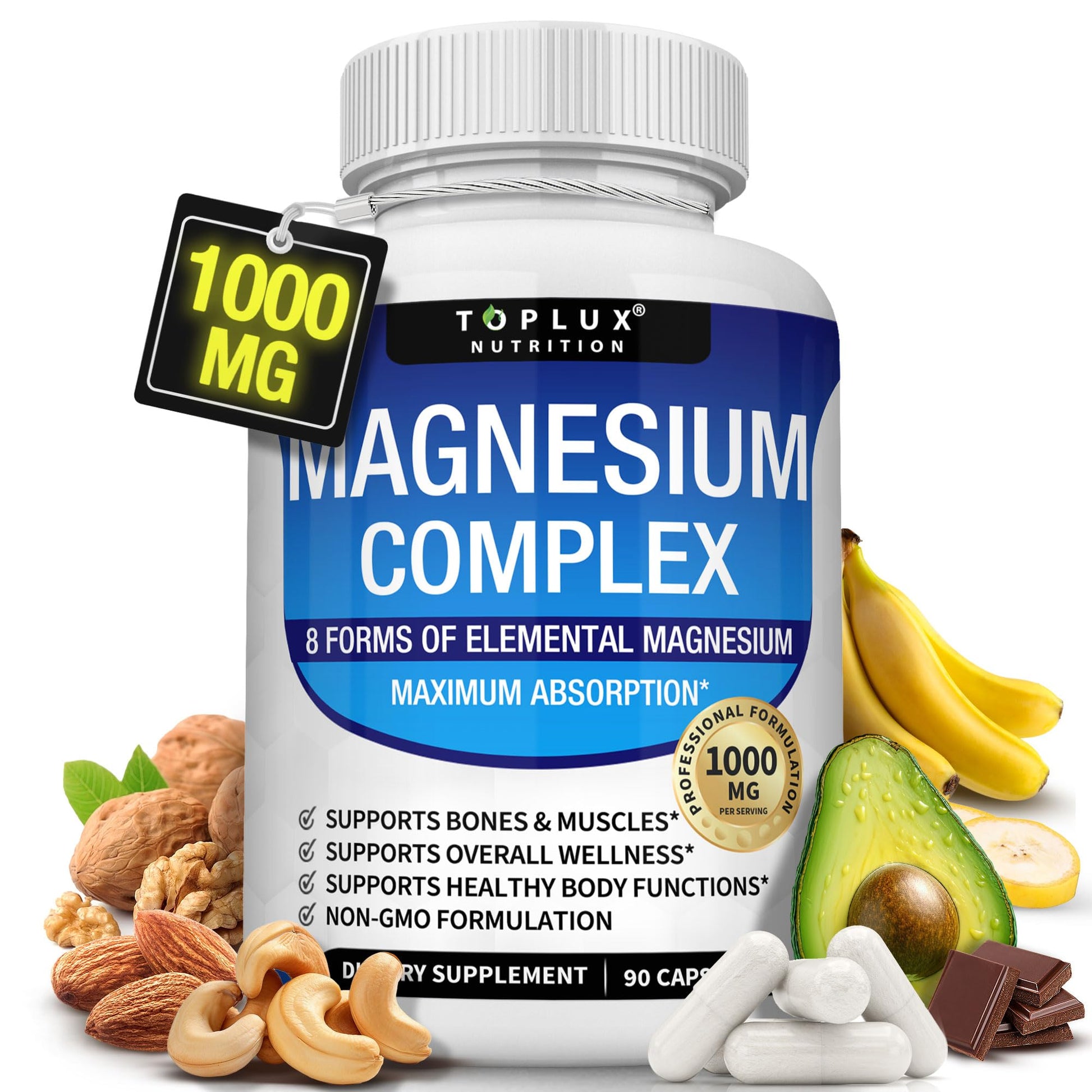 Magnesium Complex Supplement 8 Elemental 1000mg - Magnesium Glycinate, Citrate, Malate, Taurate, Chelated for Easy Absorption for Bones, Muscle, Recovery, Energy, Vegan Non-GMO 90 Capsules Toplux uk supplements