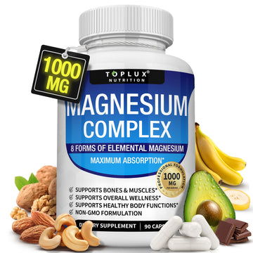 Magnesium Complex Supplement 8 Elemental 1000mg - Magnesium Glycinate, Citrate, Malate, Taurate, Chelated for Easy Absorption for Bones, Muscle, Recovery, Energy, Vegan Non-GMO 90 Capsules Toplux uk supplements