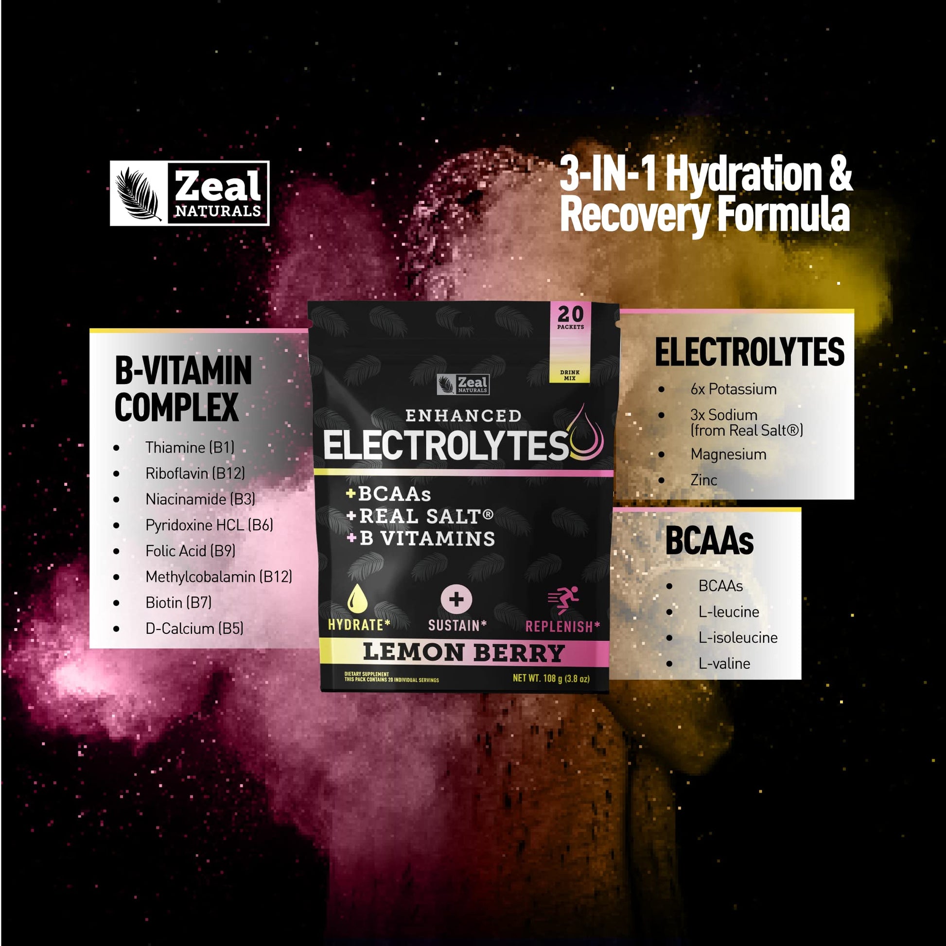 Enhanced Powder Stick Packs (Lemon Berry - 20 Packets) Sugar Free + BCAA B-Vitamins Zeal Naturals uk supplements
