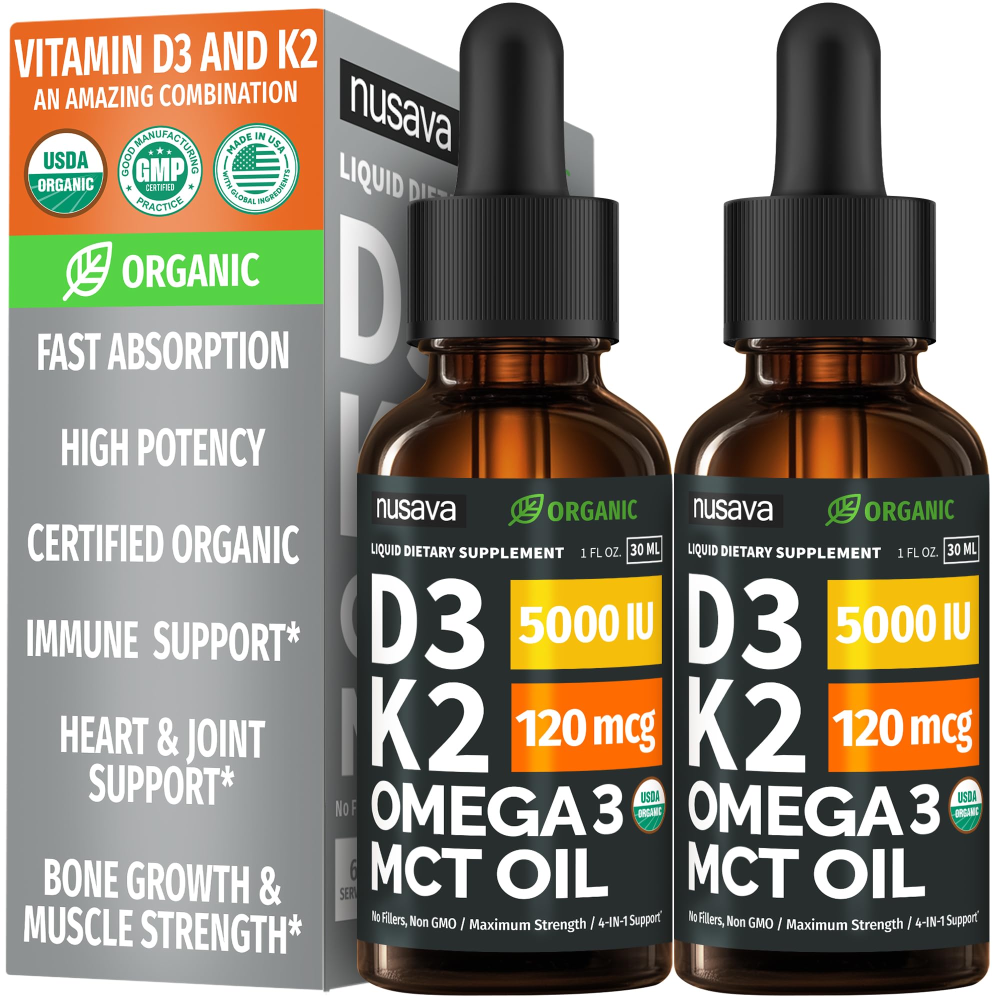 (2 Pack) Organic Vitamin D3 K2 Drops with MCT Oil Omega 3, 5000 IU, Maximum Strength Vitamin D Liquid, No Fillers, Non-GMO Liquid D3 for Faster Absorption and Immune Support (Unflavored, 2 Fl Oz) NUSAVA uk supplements