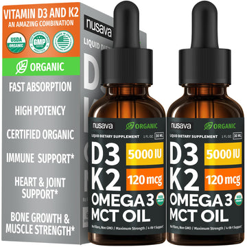 (2 Pack) Organic Vitamin D3 K2 Drops with MCT Oil Omega 3, 5000 IU, Maximum Strength Vitamin D Liquid, No Fillers, Non-GMO Liquid D3 for Faster Absorption and Immune Support (Unflavored, 2 Fl Oz) NUSAVA uk supplements