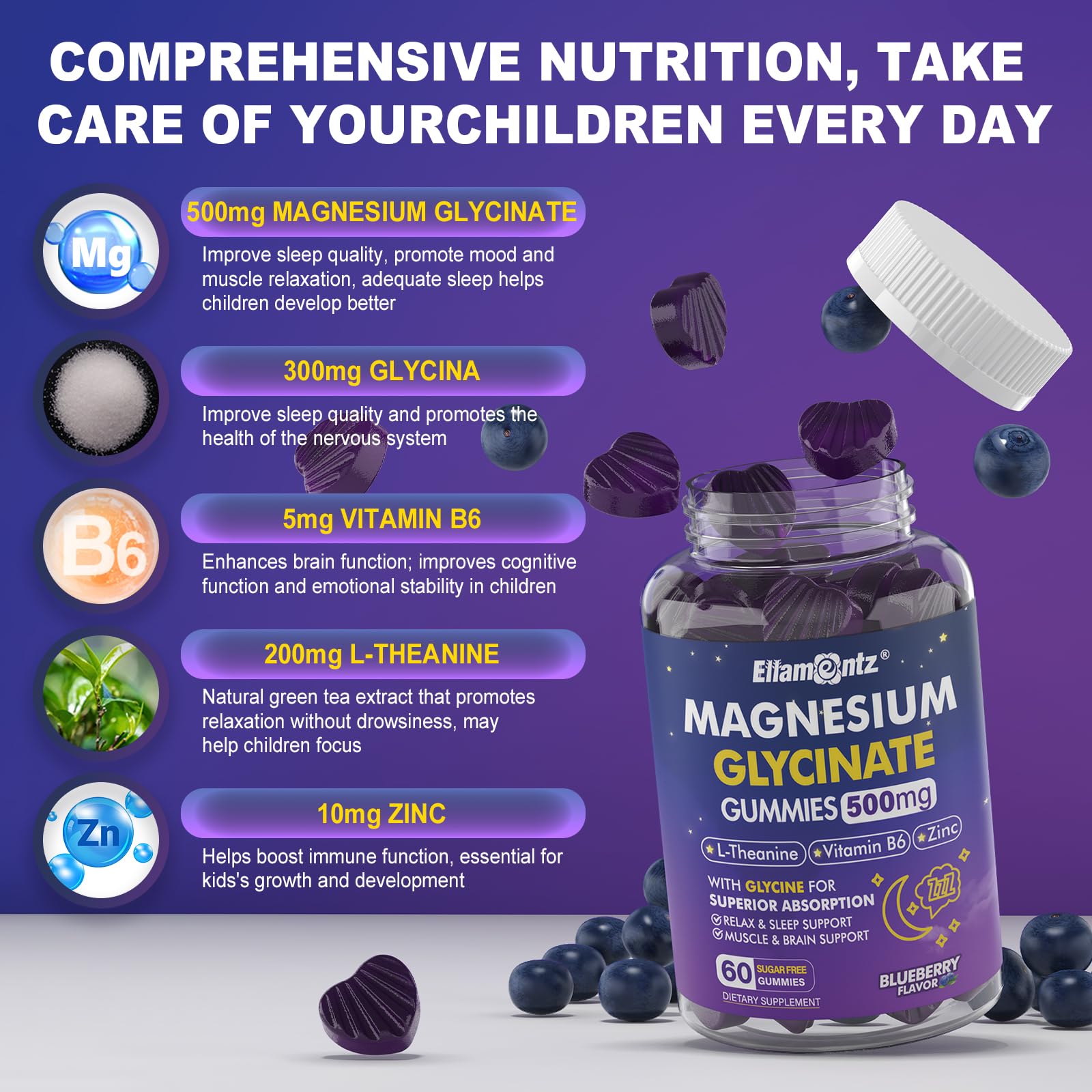 Magnesium Glycinate Gummies 500mg/250mg for Adults Kids Teens, Sugar Free Magnesium Calm Sleep Aid, Kids Sleep Gummies with L-Theanine Glycine B6 for Sleep, Calm, Muscle,Relax Brain,No Melatonin,2Pack ELLAMENTZ uk supplements