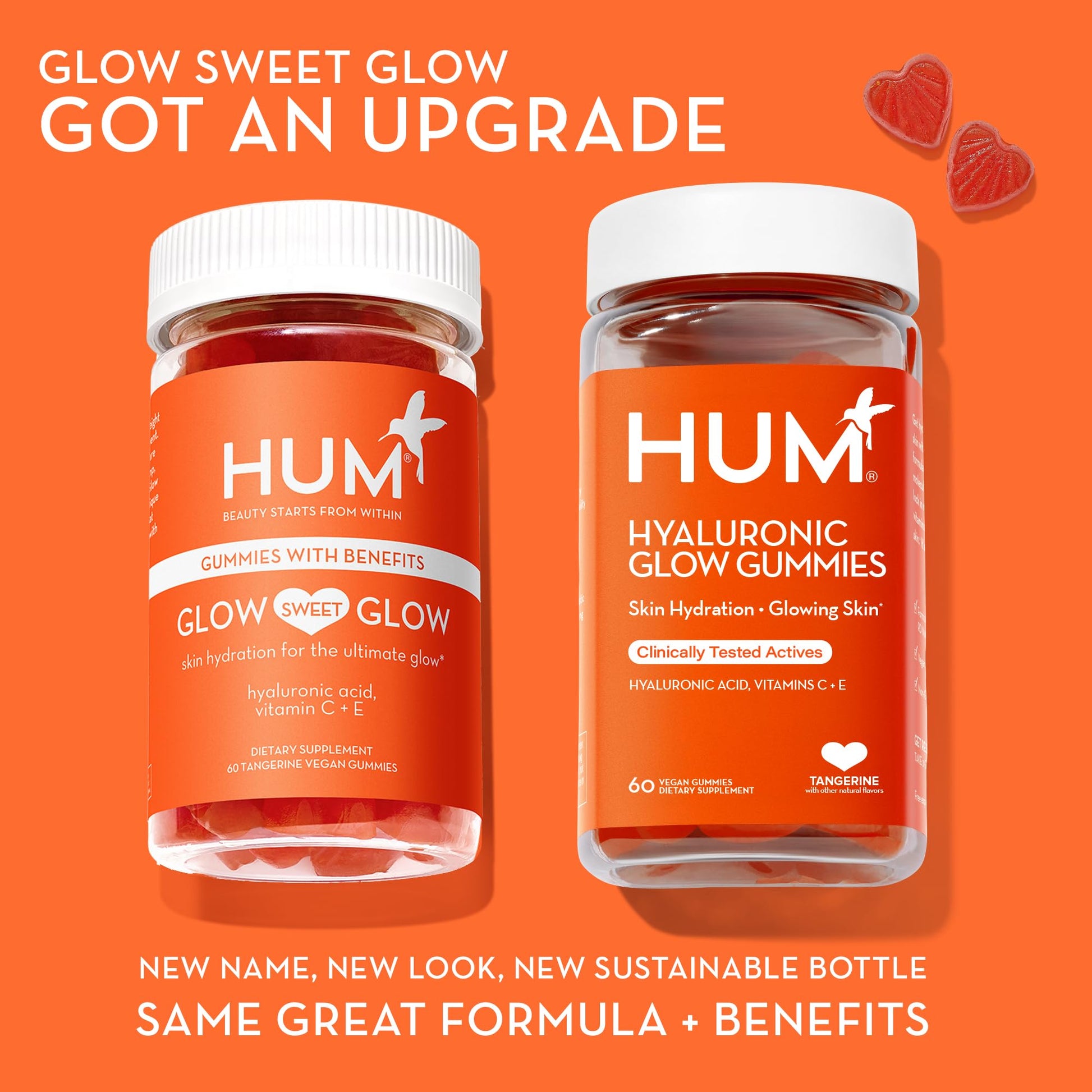 HUM Hyaluronic Glow Hydrating Skin Care Supplement, with Low Molecular Hyaluronic Acid, Vitamin C from Amla Fruit, and Vitamin E, Antioxidant Support for Skin Hydration, Tangerine, 60 Vegan Gummies HUM uk supplements
