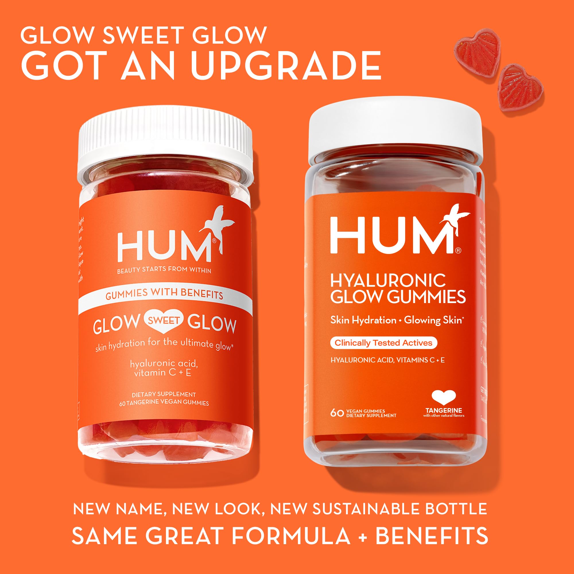 HUM Hyaluronic Glow Hydrating Skin Care Supplement, with Low Molecular Hyaluronic Acid, Vitamin C from Amla Fruit, and Vitamin E, Antioxidant Support for Skin Hydration, Tangerine, 60 Vegan Gummies HUM uk supplements