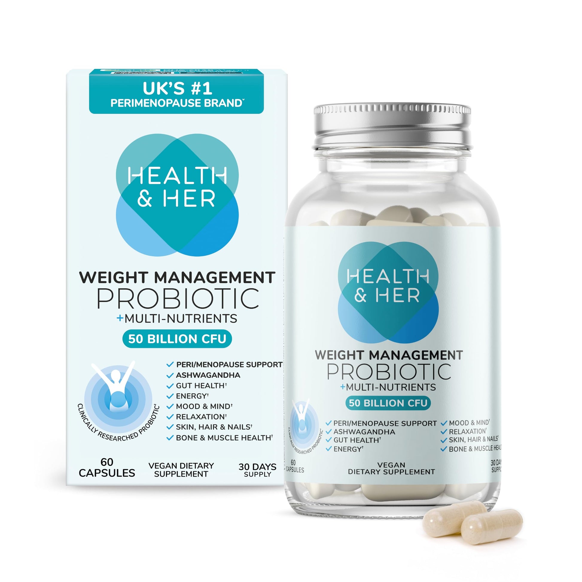 Health & Her Weight Management Probiotics for Women - Perimenopause & Menopause Supplement - Clinically Studied 50bn CFU Probiotics to Support Gut Health, Energy, Mood & Mind, Vegan (60 ct - 1 Month) Health and Her uk supplements